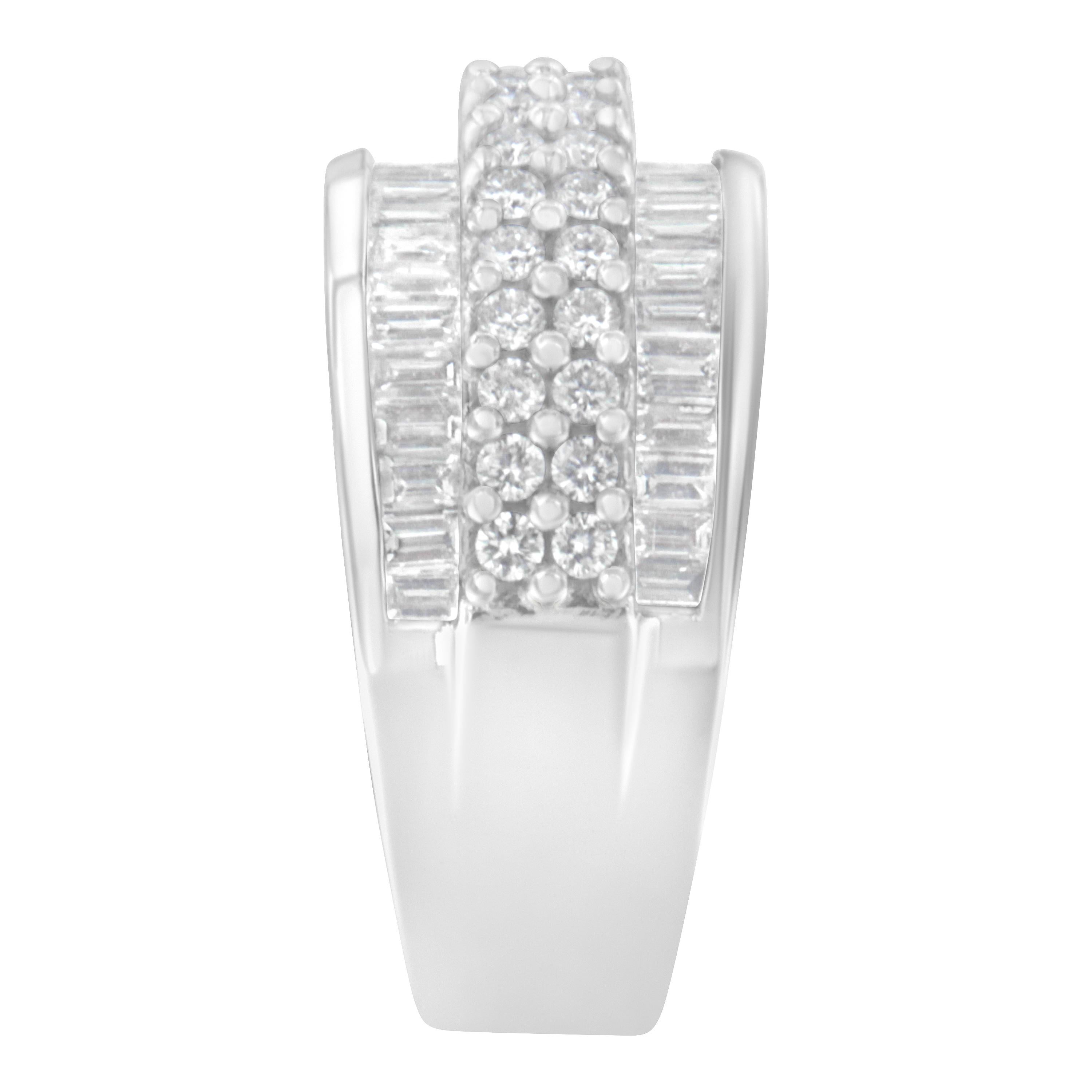 14K White Gold 1 ½ Carat Round and Baguette Diamond Multi-Row Wide Band Ring In New Condition For Sale In New York, NY