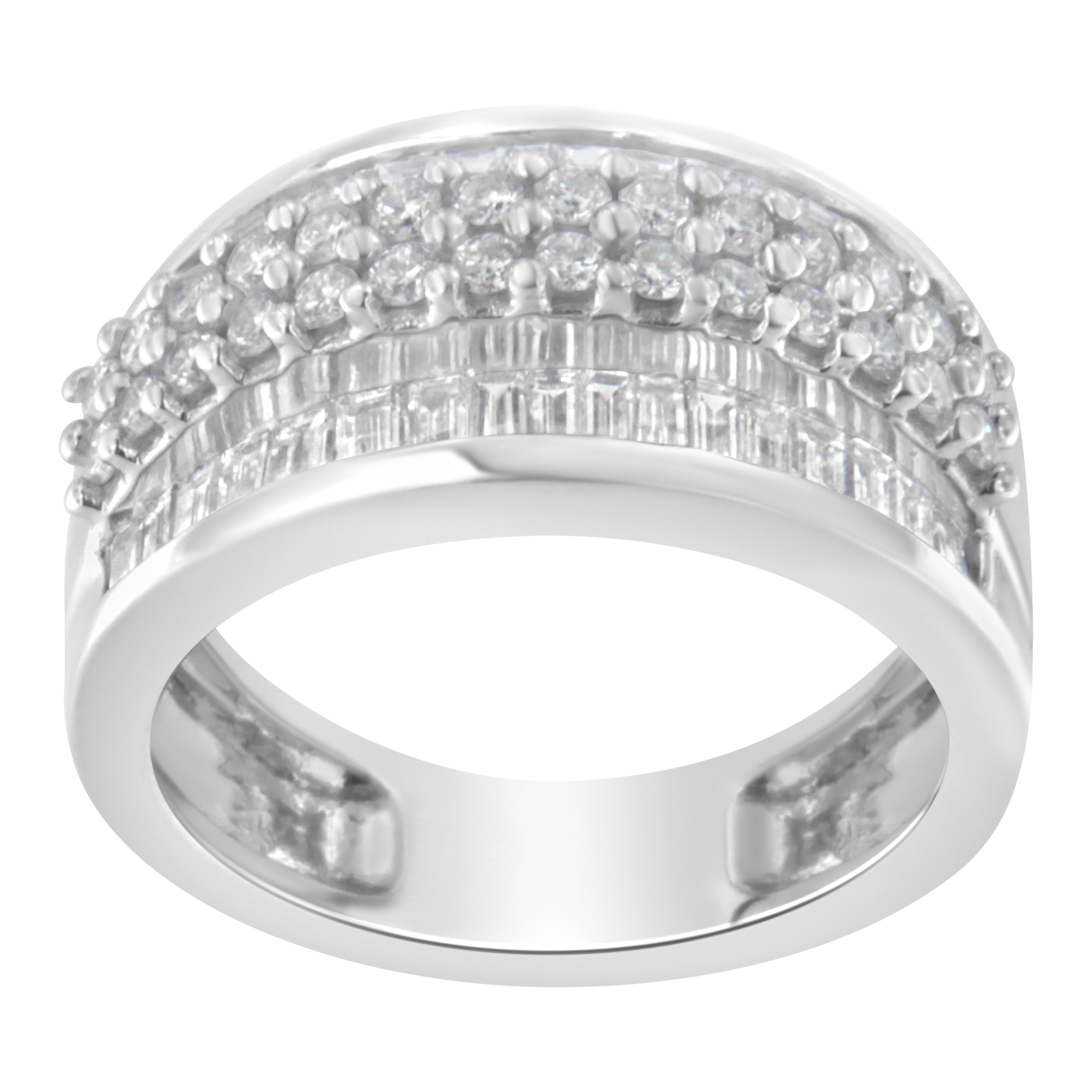 14K White Gold 1 ½ Carat Round and Baguette Diamond Multi-Row Wide Band Ring For Sale