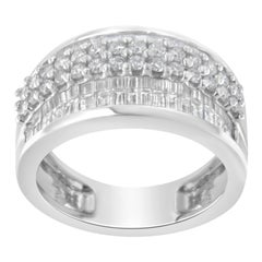 14K White Gold 1 ½ Carat Round and Baguette Diamond Multi-Row Wide Band Ring