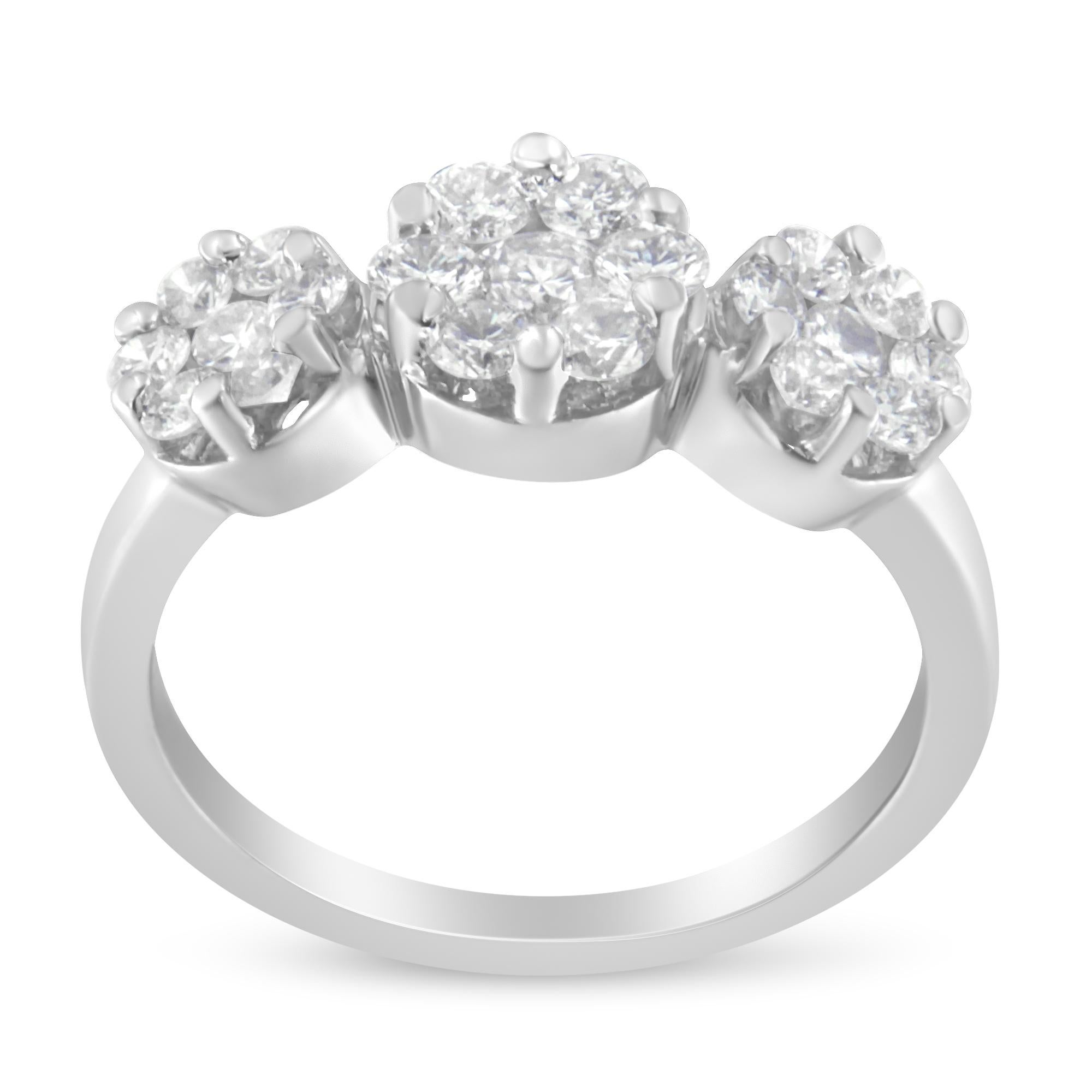 A diamond cluster ring that features three round clusters of round diamonds that are beautifully created in a floral design. This delicate ring has a 14 karat white gold band and a total diamond weight of 1 1/4 carats. Product features:
Diamond