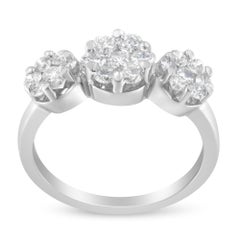 14K White Gold 1 ¼ Carat Diamond Floral Cluster 3 Stone Style Ring