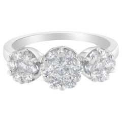 14K White Gold 1 ¼ Carat Diamond Floral Cluster 3 Stone Style Ring
