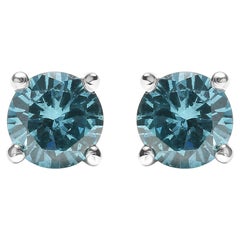 14K White Gold 1/2 Carat Aqua Blue Diamond Screw-Back Classic Stud Earrings