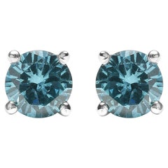 14K White Gold 1/2 Carat Aqua Blue Diamond Screw-Back Classic Stud Earrings