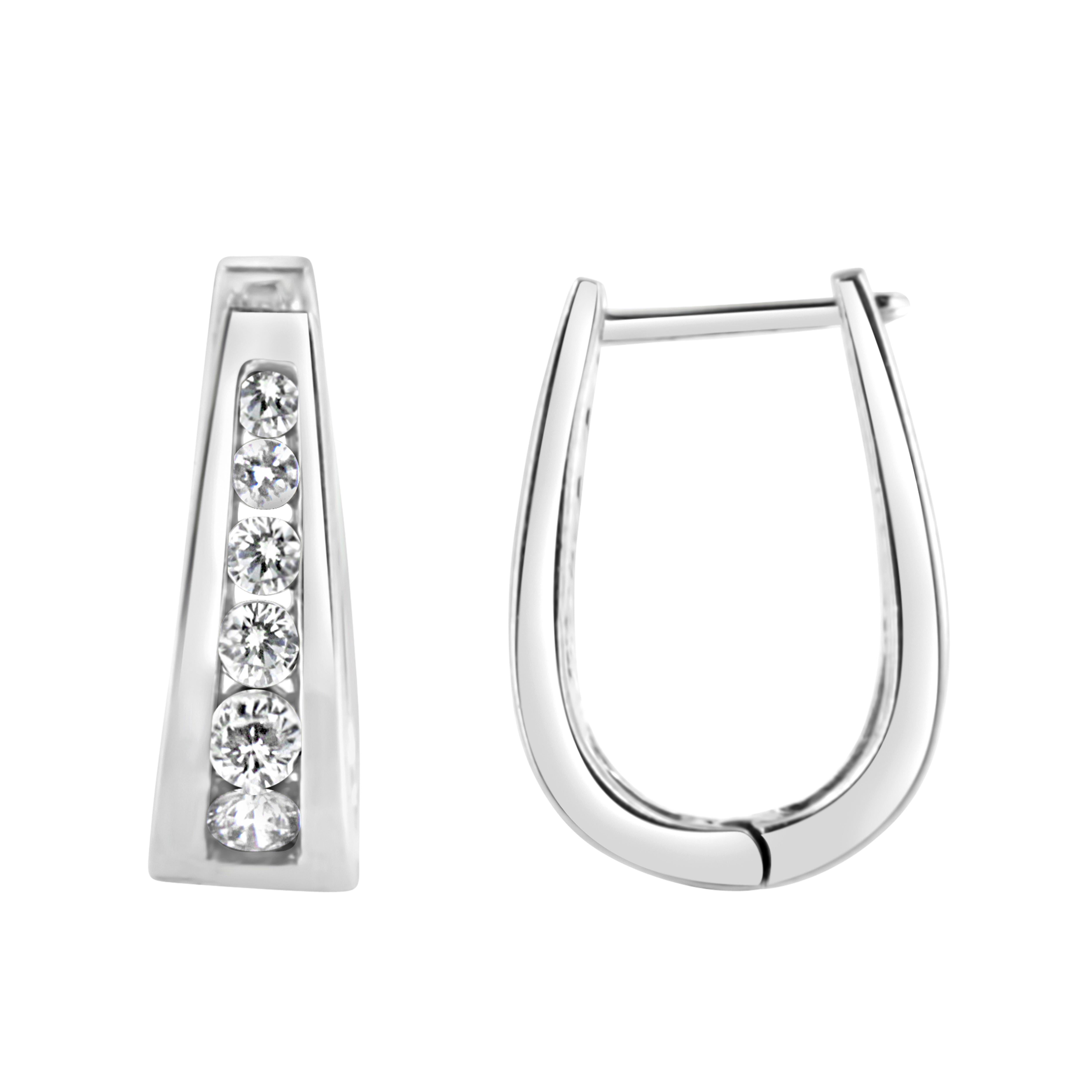 Add some sparkle to your every day with these 14k white gold hoop earrings that feature 1/2ct TDW of glistening diamonds. Each earring features a row of channel set round cut diamonds that inlays the front of the hoop. A clip on mechanism keeps the