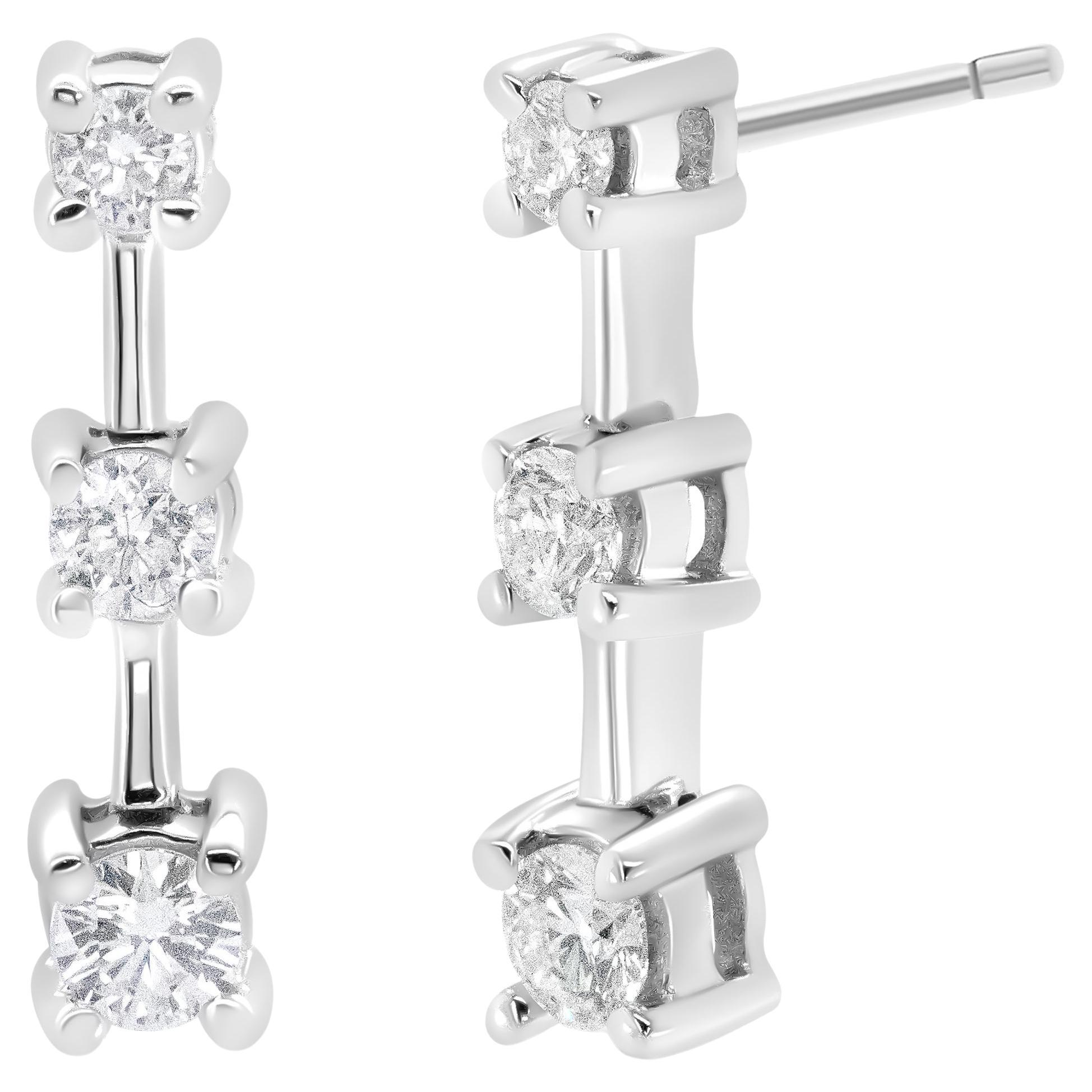 14K White Gold 1/2 Carat Diamond 3 Stone Graduated Linear Drop Stud Earrings