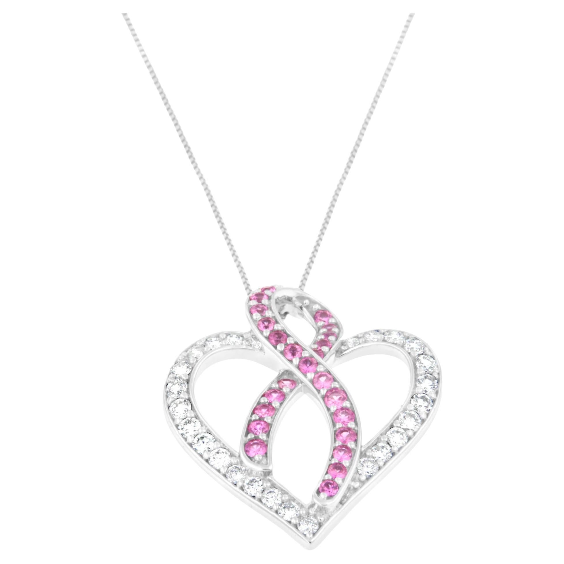 14K White Gold 1/2 Carat Diamond and Pink Sapphire Gemstone Pendant Necklace For Sale