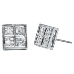 14K White Gold 1/2 Carat Diamond Composite Box Shape Milgrain Stud Earrings