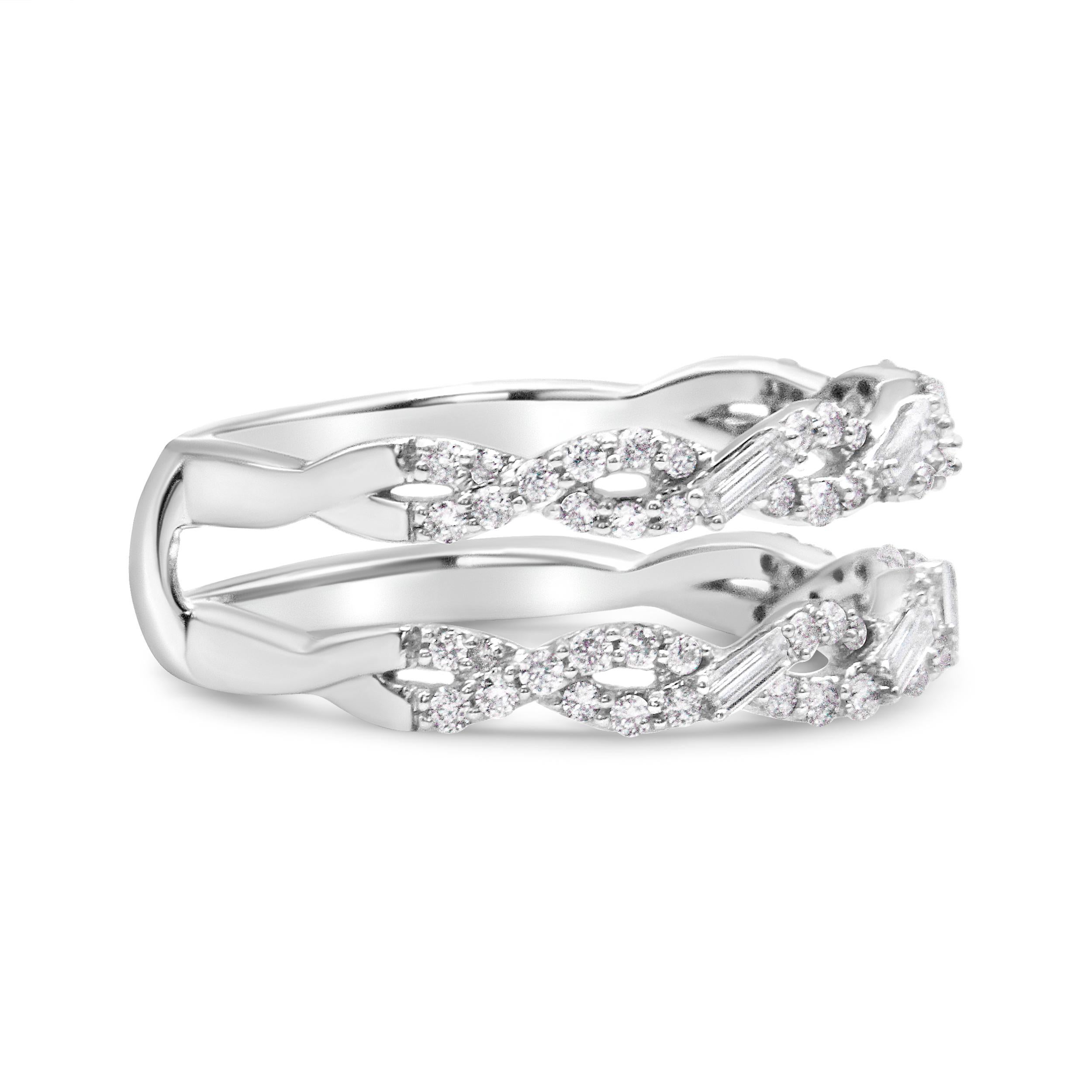 Two dazzling rows of white natural diamonds makes this ring guard enhancer a stunning complement your solitaire engagement ring, while also keeping it firmly in place. This enhancer band features two swirling parallel bands that take on an infinity