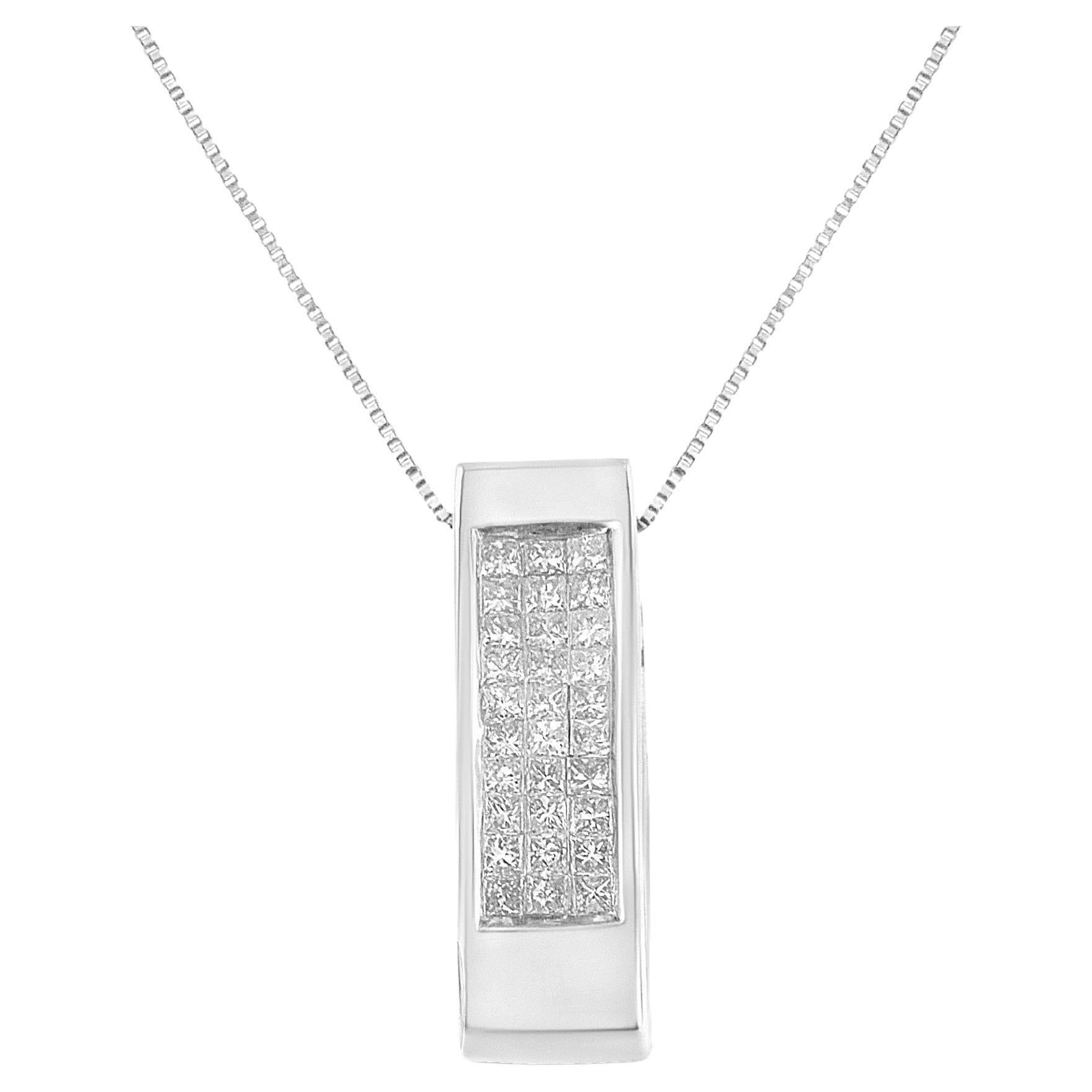 14K White Gold 1/2 Carat Diamond Vertical Bar Block Pendant Necklace For Sale