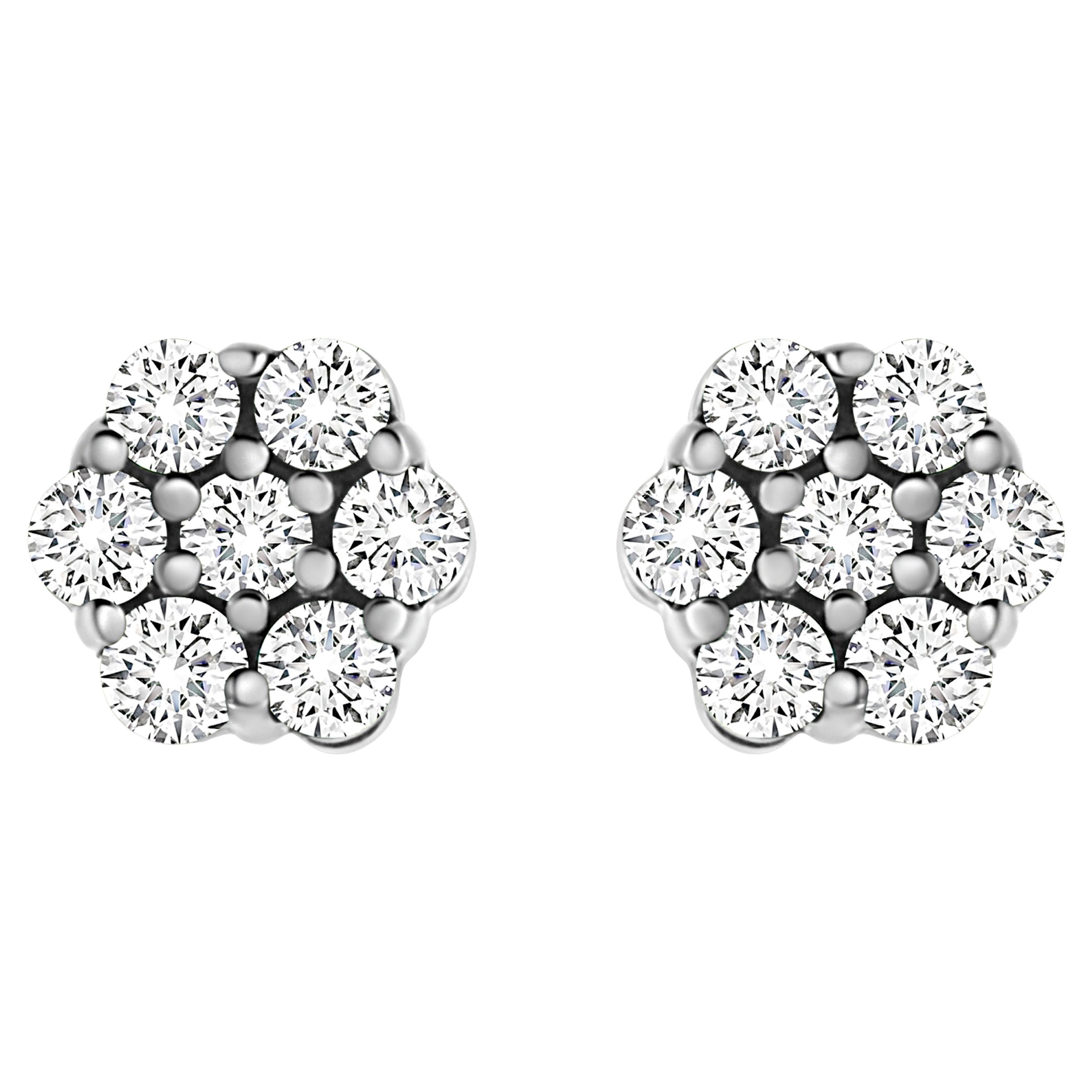 14K White Gold 1/2 Carat Prong Set Round-Cut Diamond Flower Stud Earrings For Sale