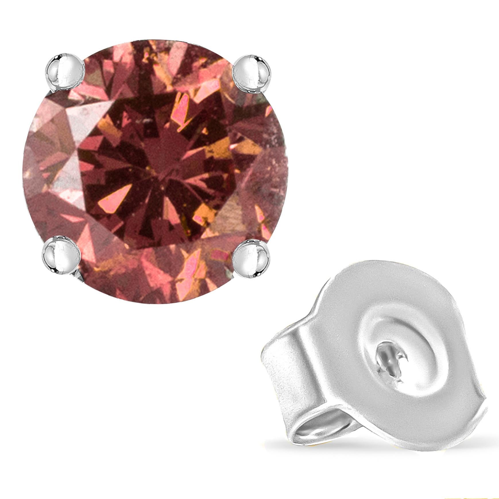 Round Cut 14K White Gold 1/2 Carat Round Brilliant-Cut Pink Diamond Solitaire Stud Earring For Sale