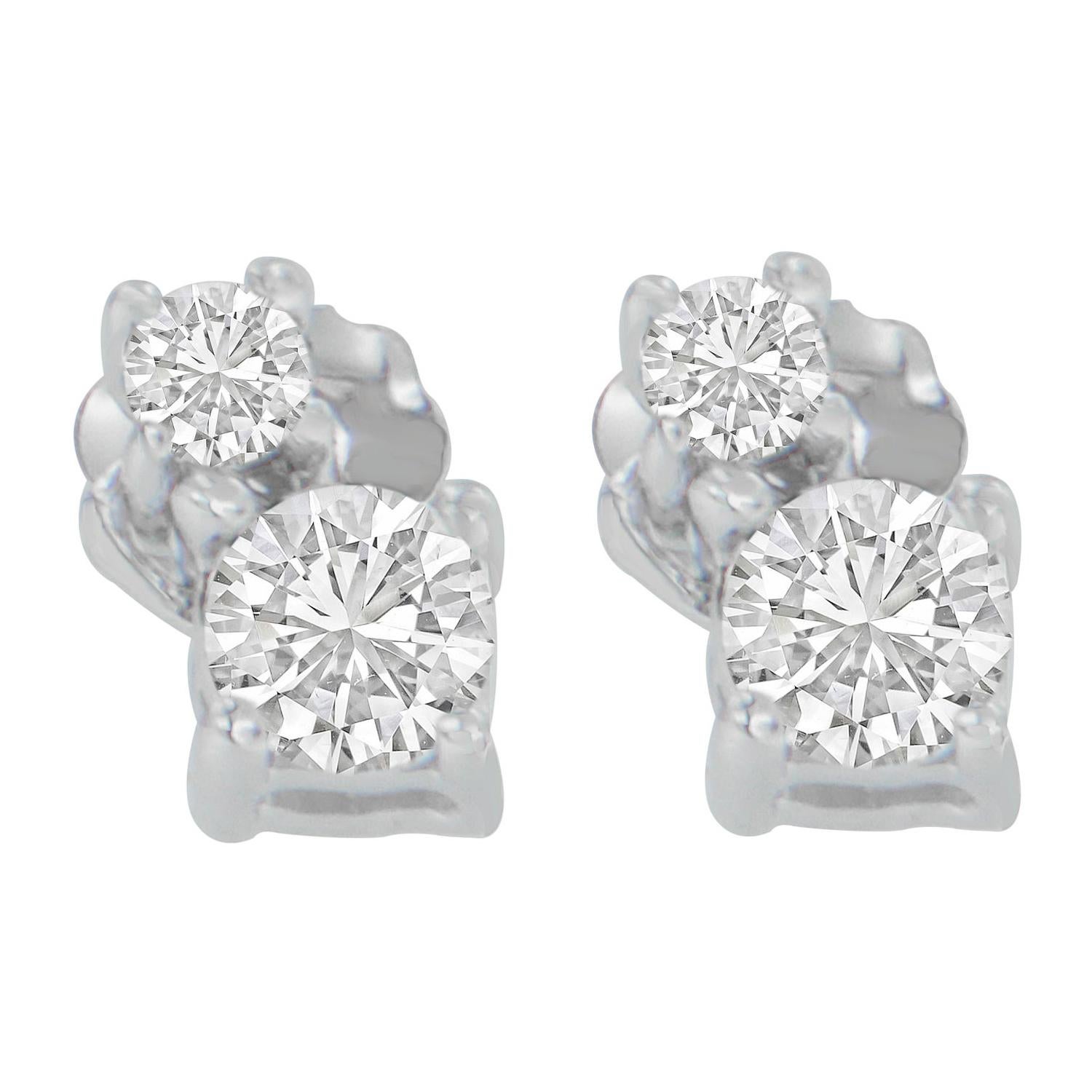 14K White Gold 1/2 Carat Round Cut Diamond Duo Earrings For Sale