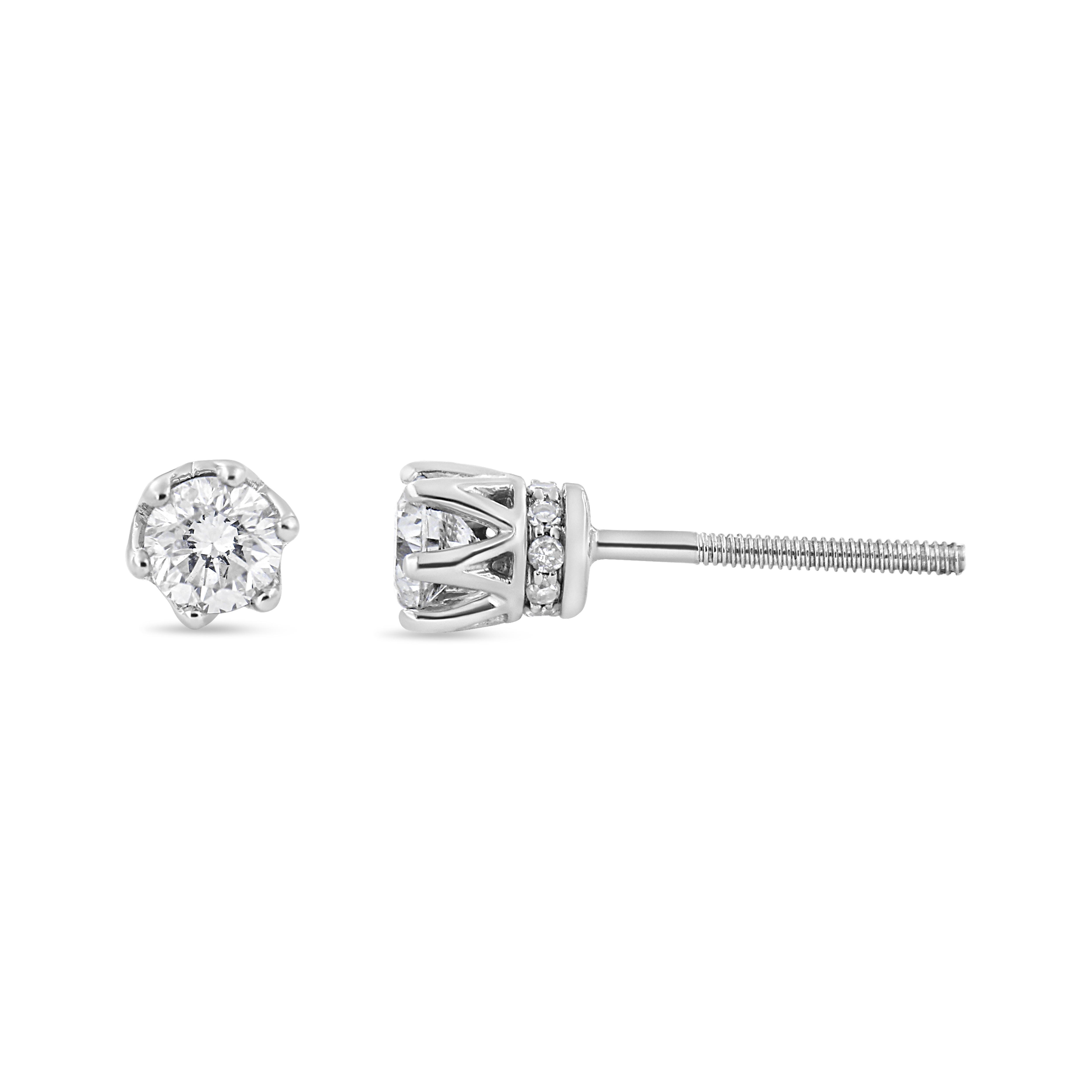 Contemporary 14K White Gold 1/2 Carat Round Diamond 6 Prong Crown Stud Earrings For Sale