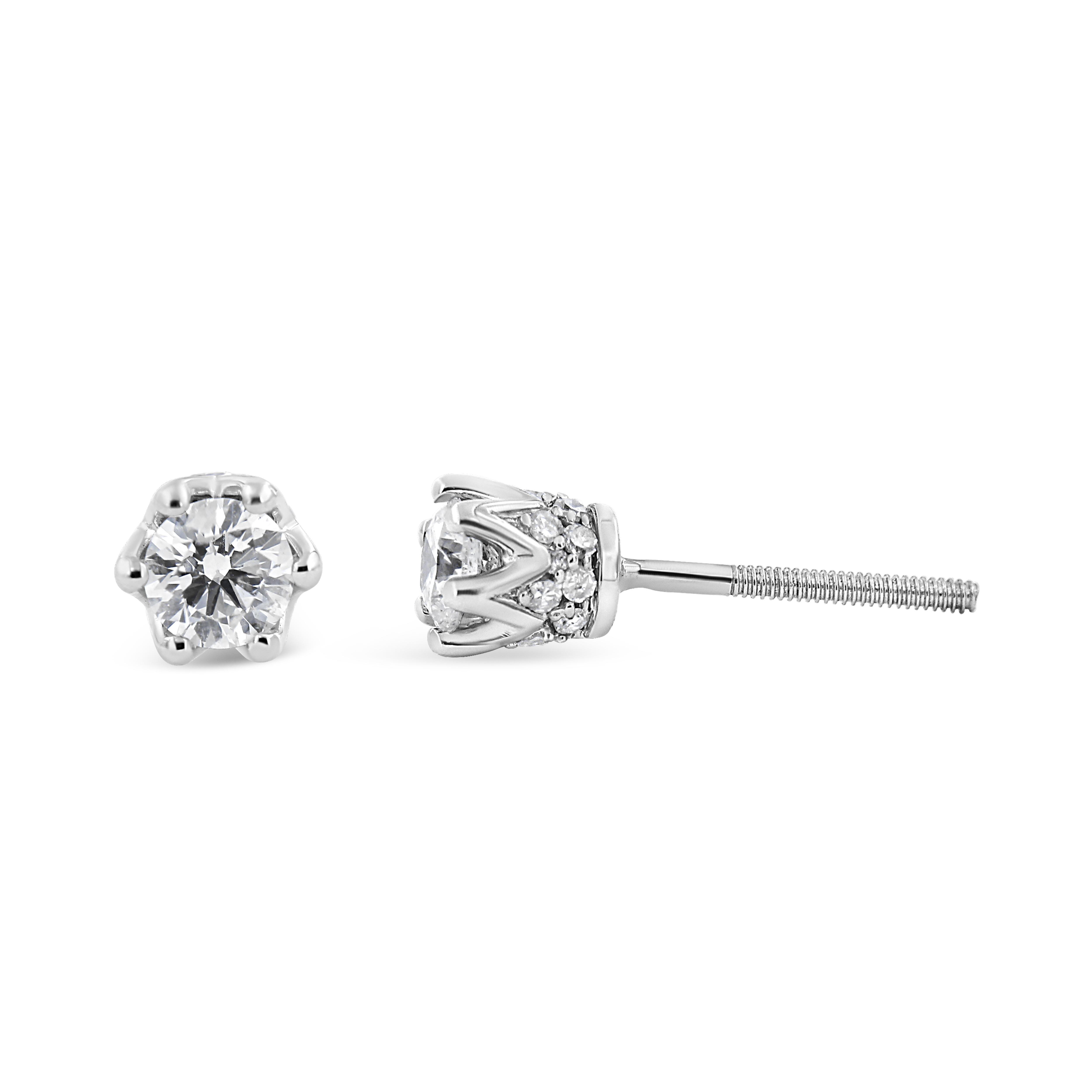 Contemporary 14K White Gold 1/2 Carat Round Diamond Crown Stud Earring For Sale