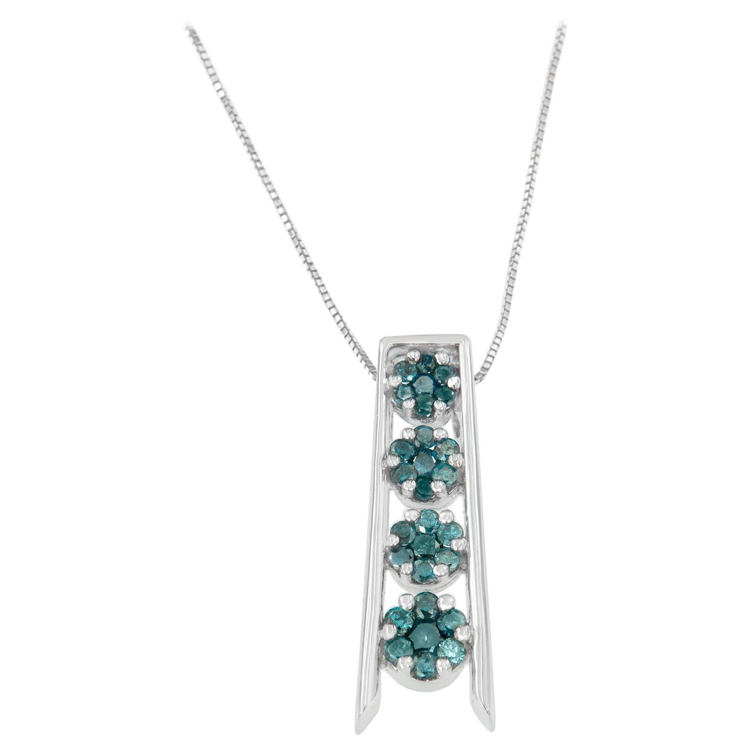 14K White Gold 1/2 Carat Treated Blue Diamond Journey Pendant Necklace For Sale