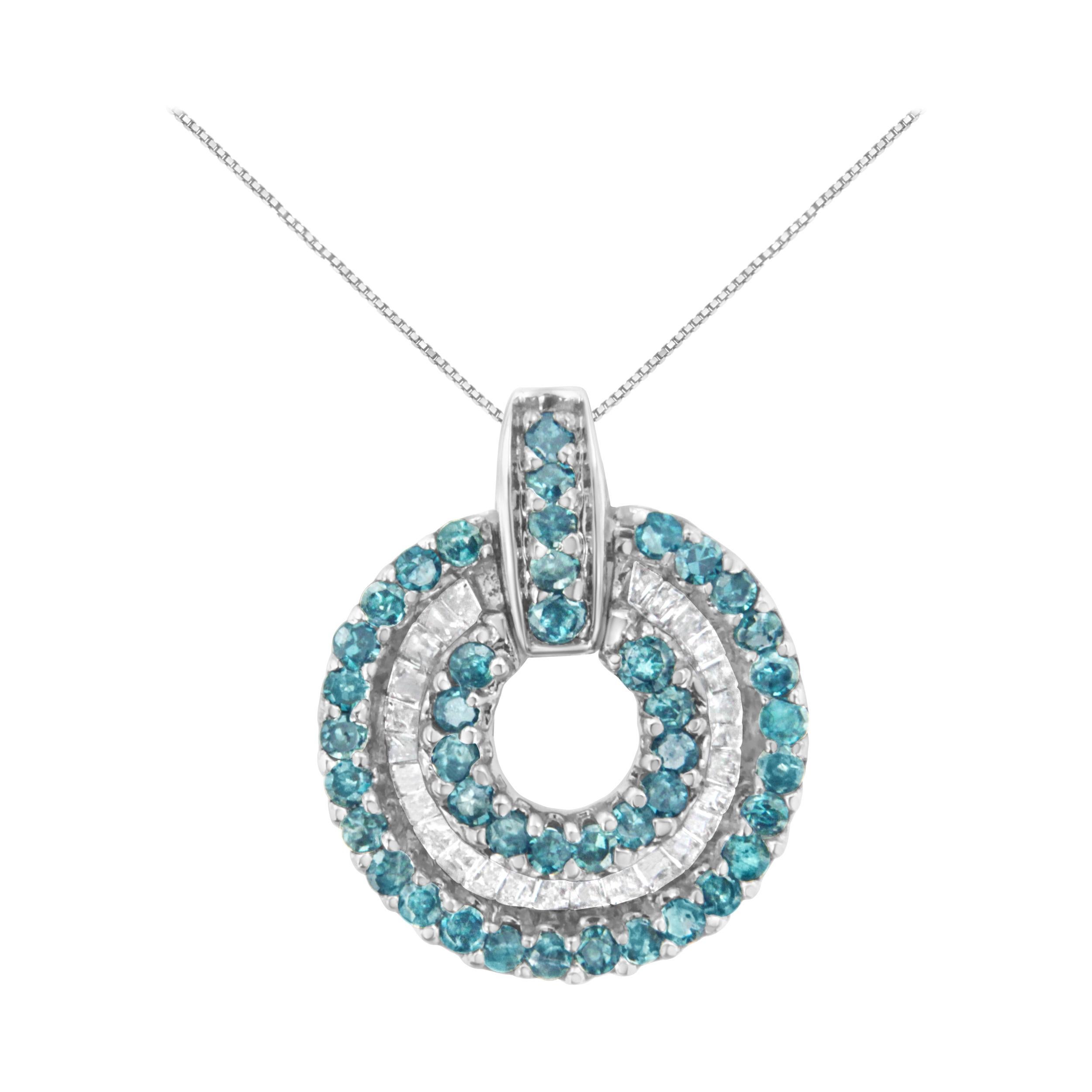14K White Gold 1/2 Carat Treated Blue Diamond Round Pendant Necklace For Sale