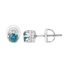 Boucles d'oreilles en or blanc 14 carats avec diamants ronds blancs et bleus traités de 1/2 carat