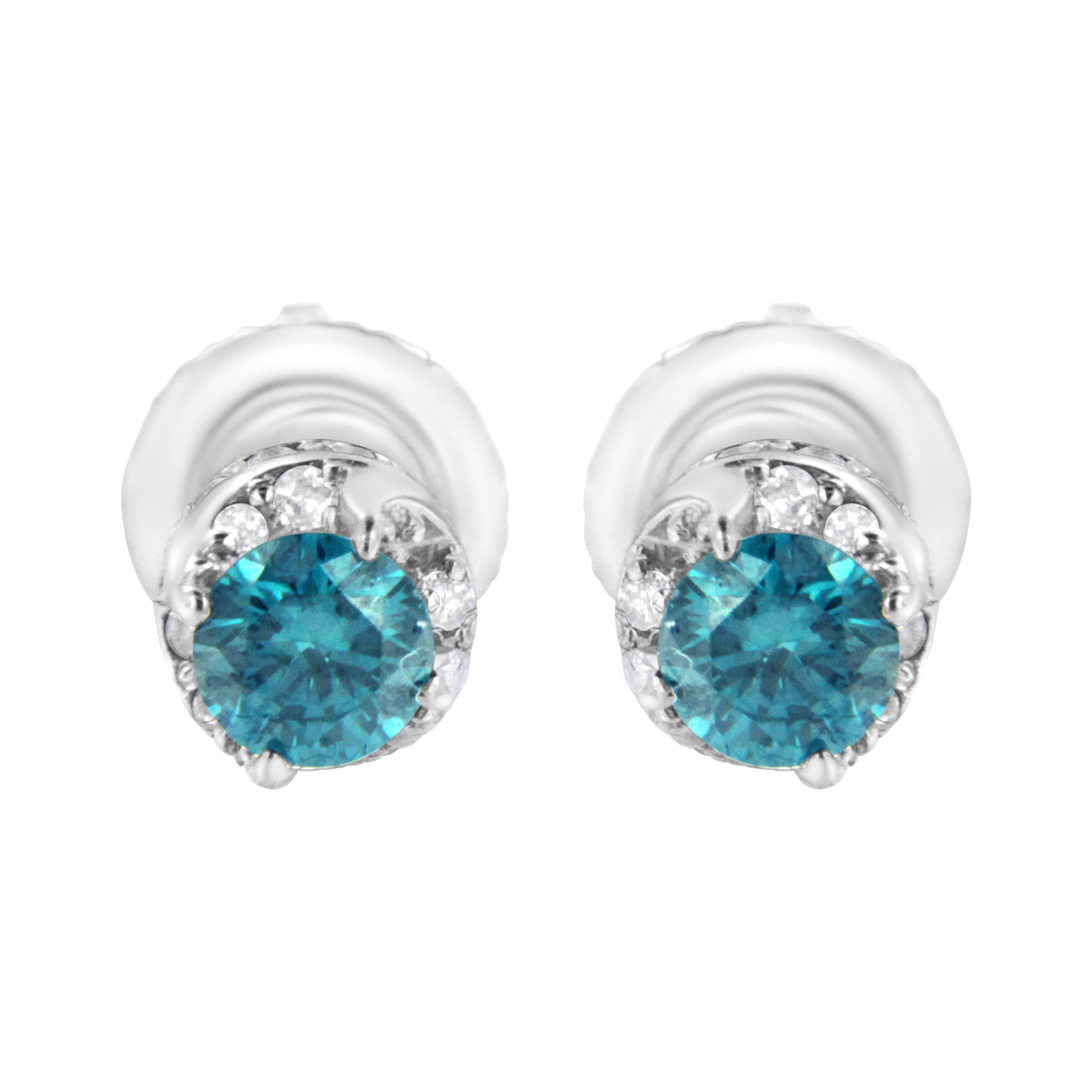 Modern 14k White Gold 1/2 Carat White and Treated Blue Round Diamond Earrings For Sale