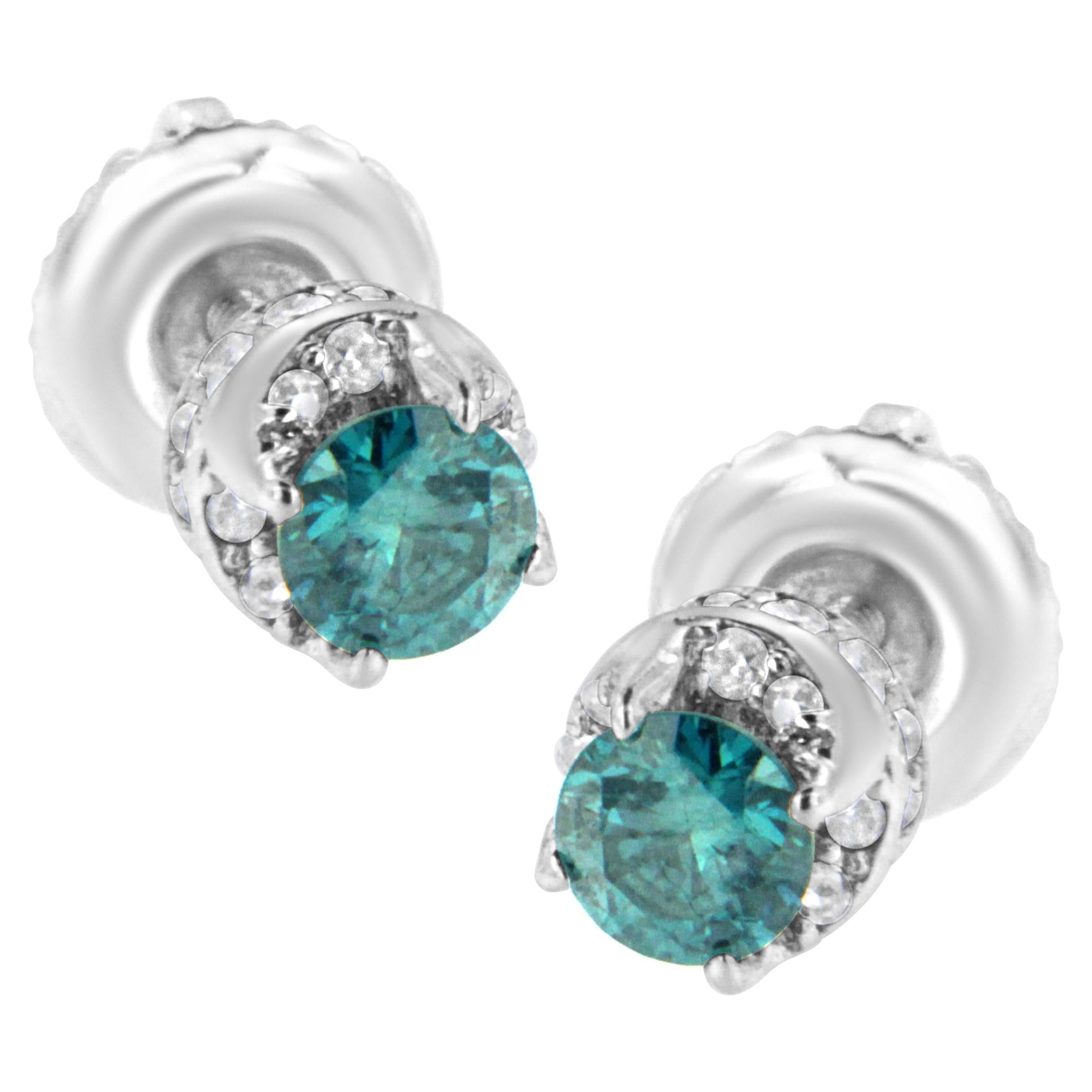 14k White Gold 1/2 Carat White and Treated Blue Round Diamond Earrings For Sale