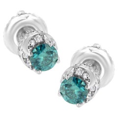 14k White Gold 1/2 Carat White and Treated Blue Round Diamond Earrings
