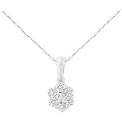 14K White Gold 1/2 Cttw Diamond Floral Cluster Pendant Necklace