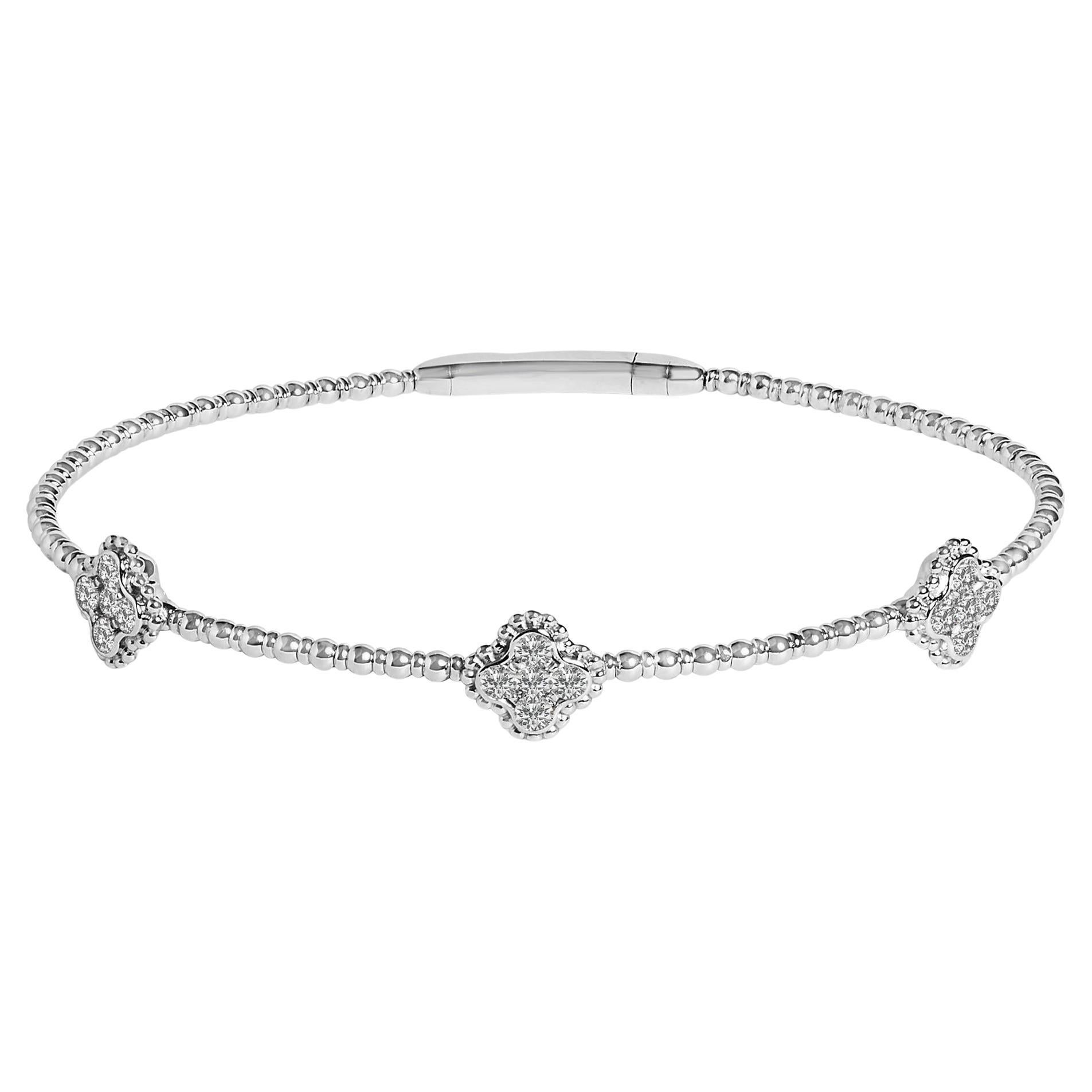 14K White Gold 1/2 Cttw Diamond Quatrefoil Clover Style Bangle Bracelet For Sale