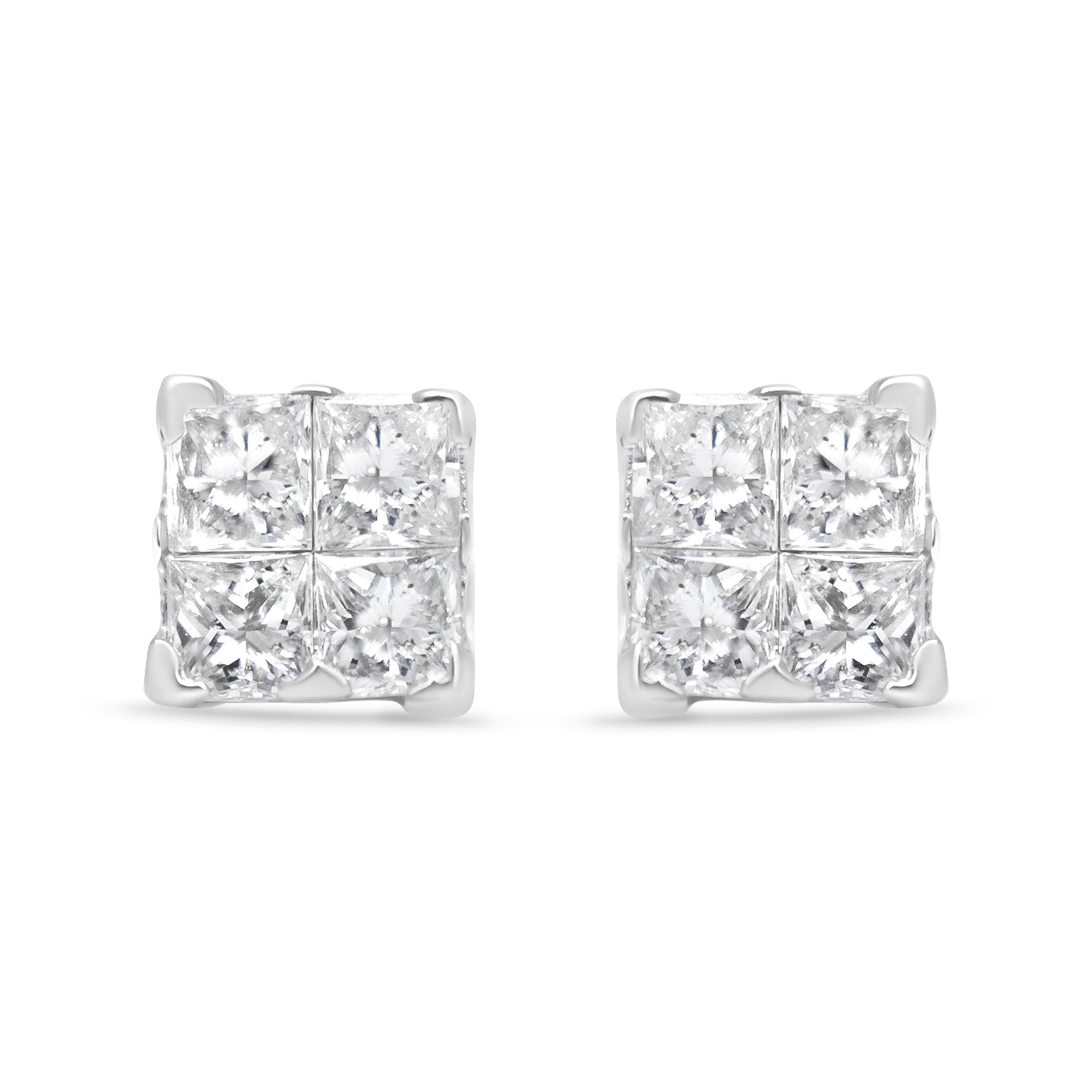 Tap into your royal nature with these contemporary geometric diamond studs. This regal pair is crafted of polished 14k white gold and each square stud features a cluster of four princess-cut white diamonds in an invisible setting that perfectly