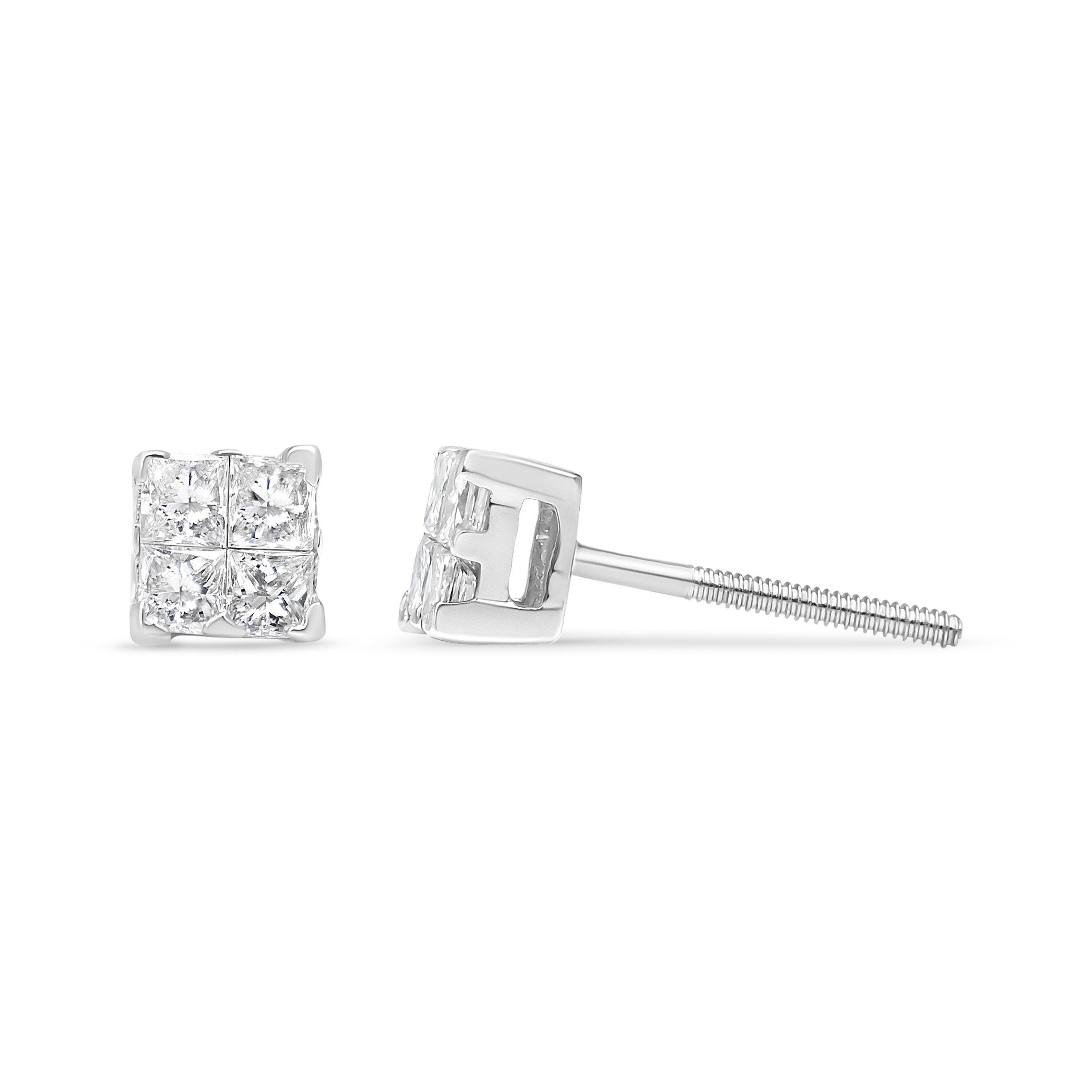 Modern 14K White Gold 1/2 Cttw Invisible-Set Princess Diamond Quad Cluster Stud Earring For Sale