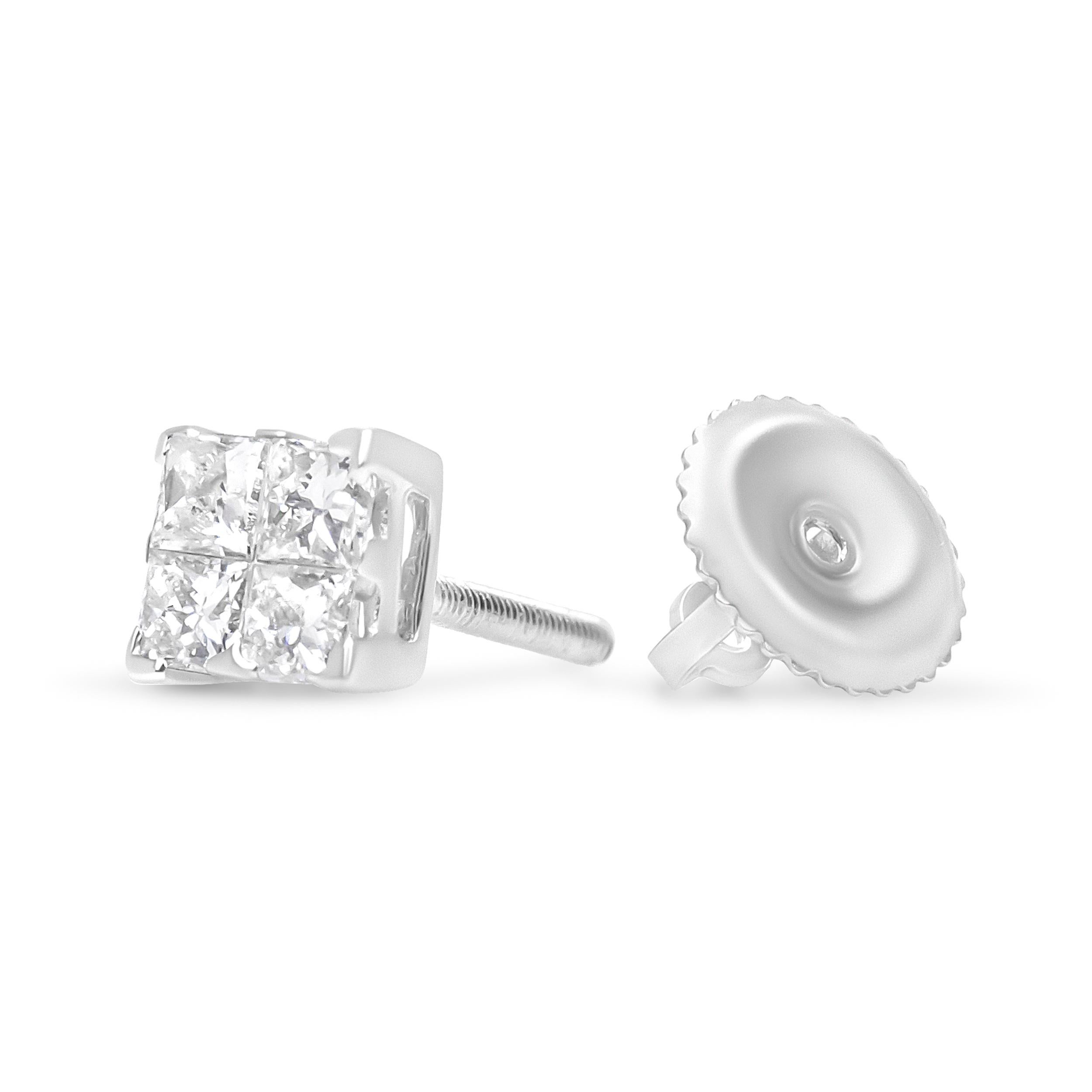 Princess Cut 14K White Gold 1/2 Cttw Invisible-Set Princess Diamond Quad Cluster Stud Earring For Sale