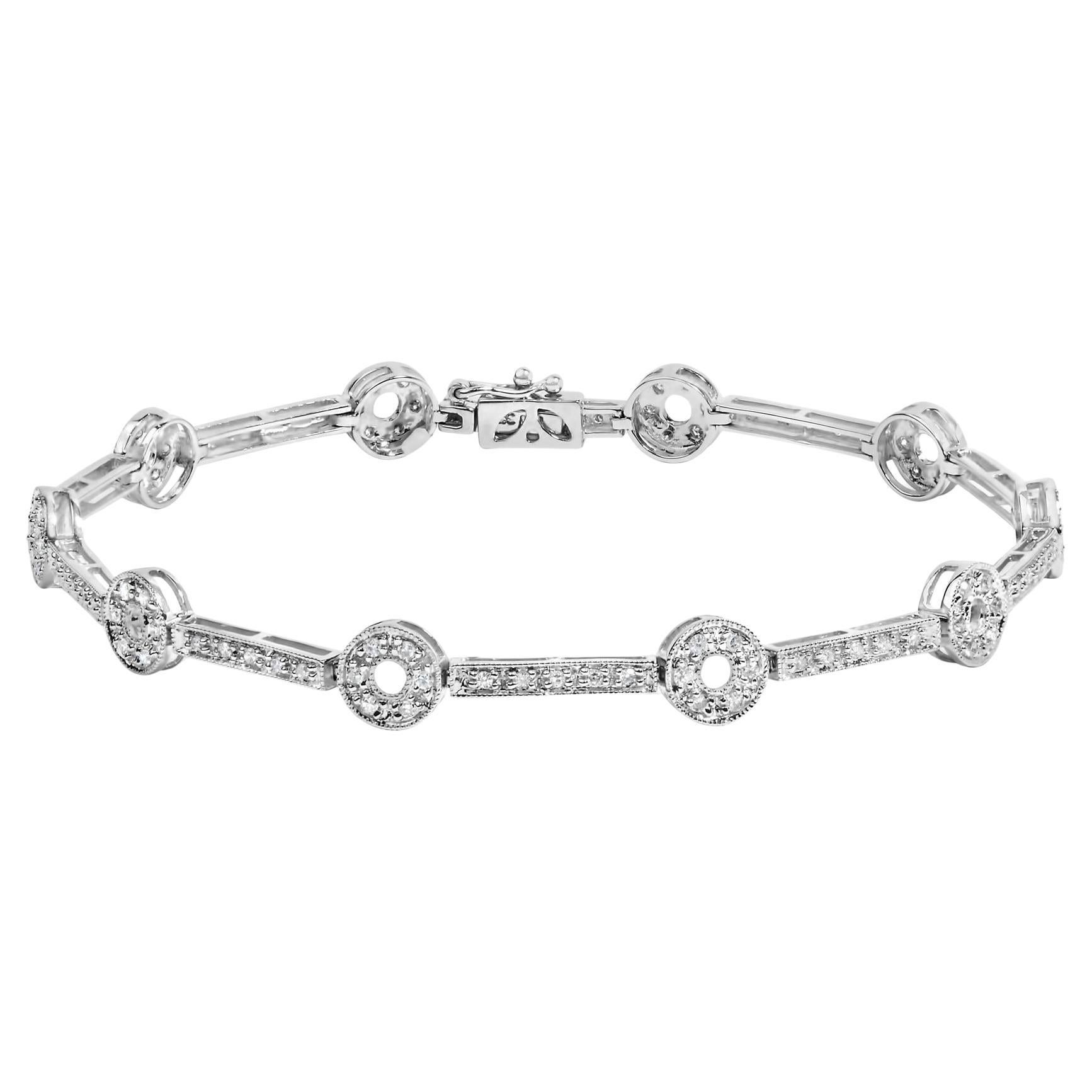 14k White Gold 1/2 Cttw Pave Diamond Bar and Hoop 7" Bracelet