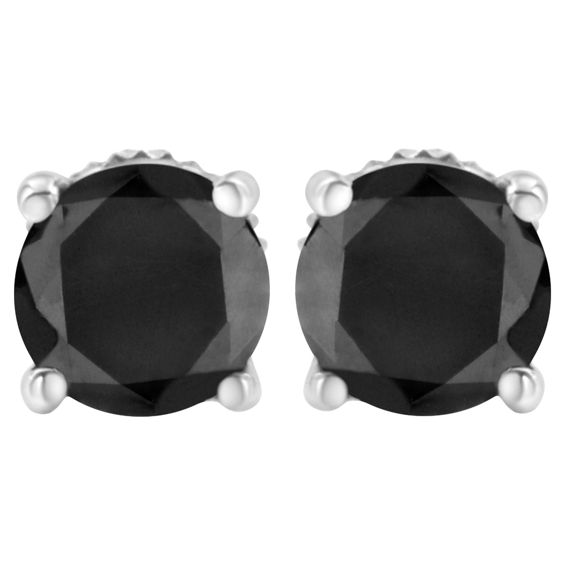 14K White Gold 1/2 Cttw Round Brilliant-Cut Black Diamond Classic Stud Earrings