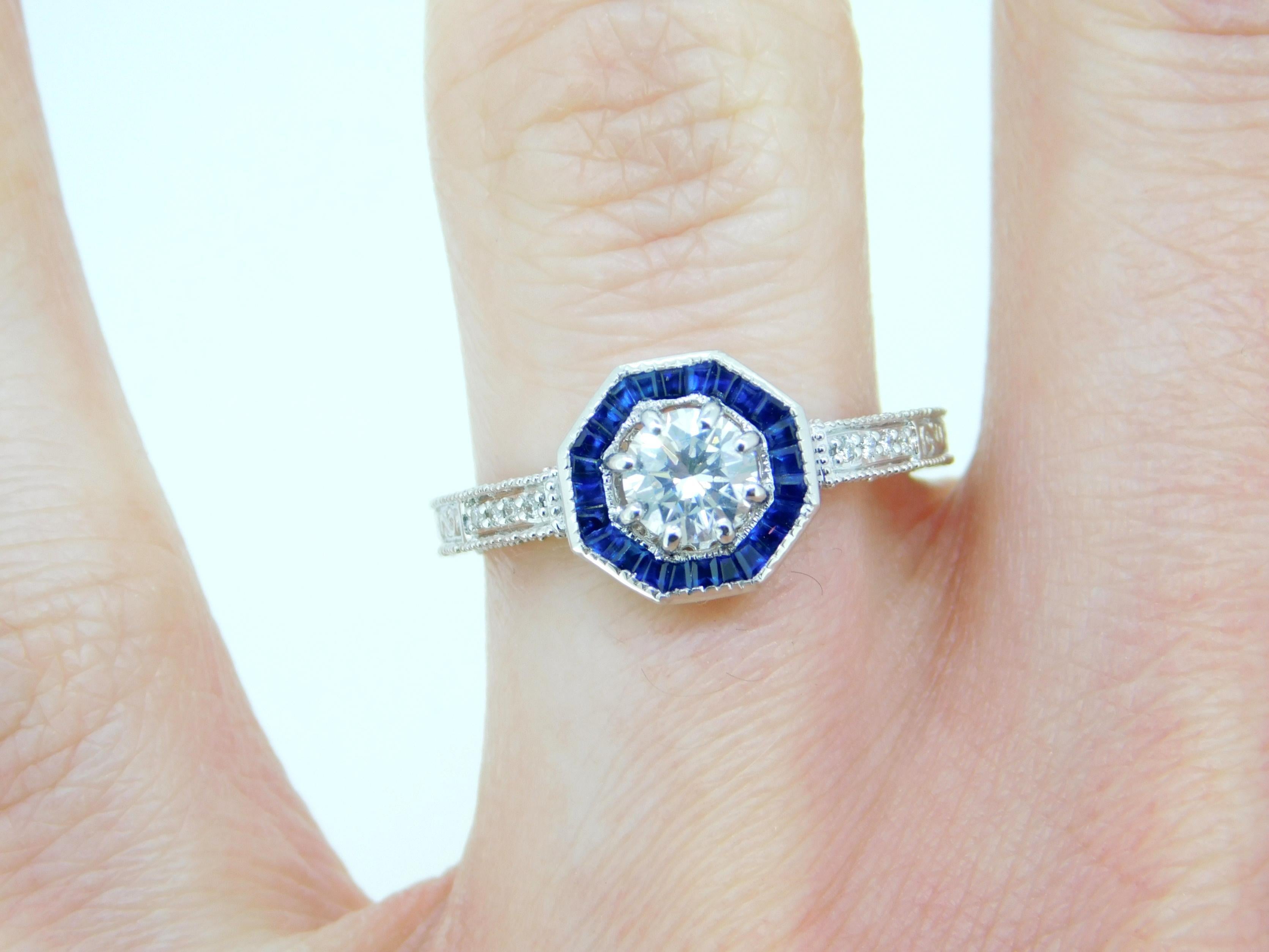 Women's 14k White Gold 1/2ct Genuine Natural Diamond Ring with Sapphire Halo '#J4626' For Sale