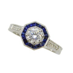 Bague en or blanc 14 carats avec diamant naturel véritable de 1/2 carat et halo de saphirs '#J4626'