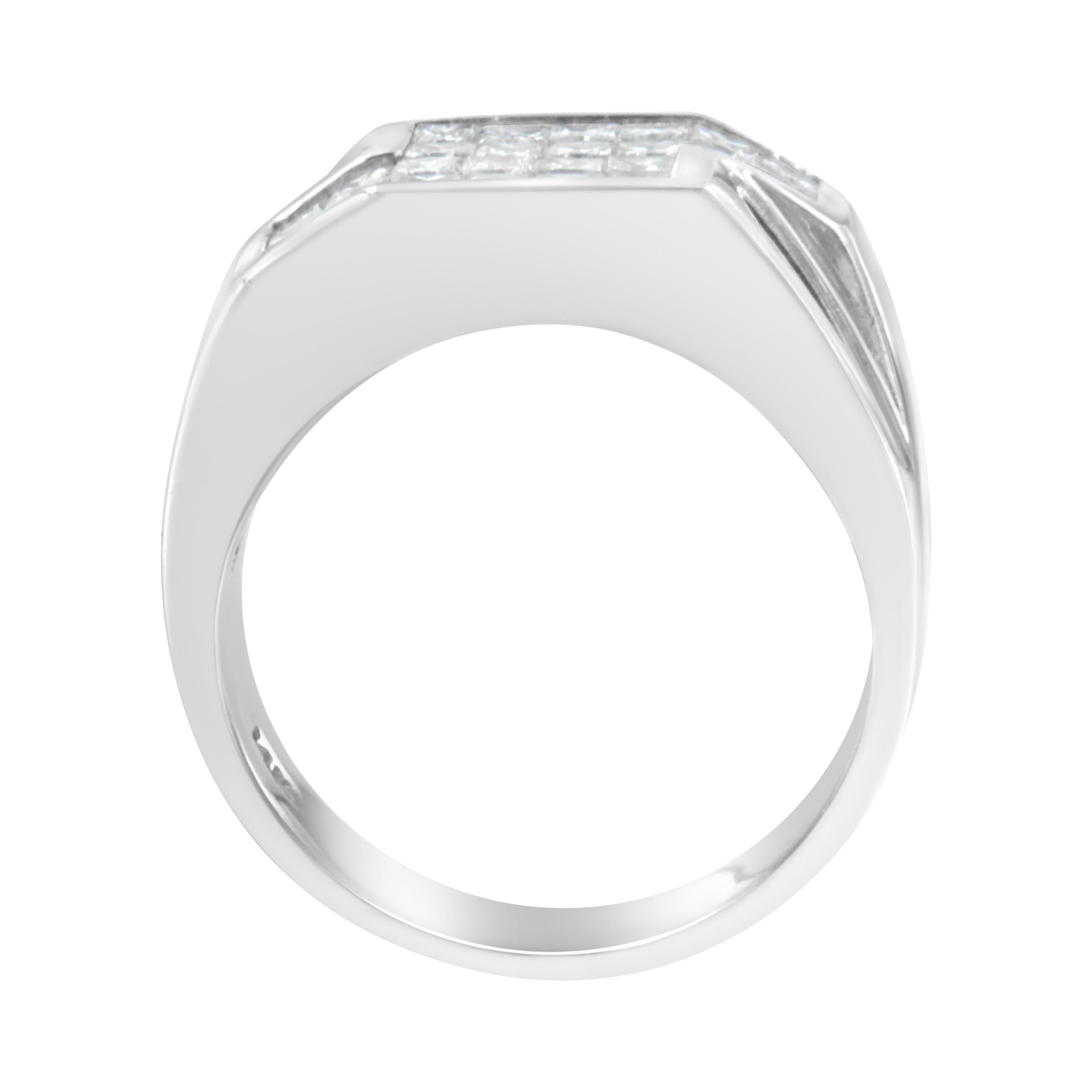 The striking and comfortable diamond ring is certain to make your man the real showstopper of any event. Featuring a zigzag accent, the ring is crafted of 14 karats white gold and polished high to shine. It is beautifully ornate in an invisible