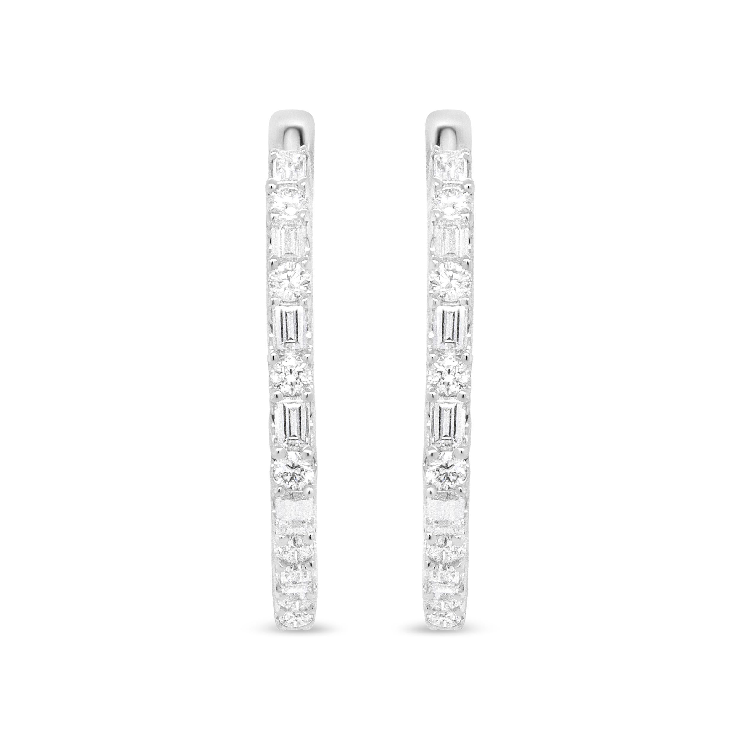 Contemporary 14K White Gold 1 3/4 Carat Round and Baguette Diamond Hoop Earrings For Sale