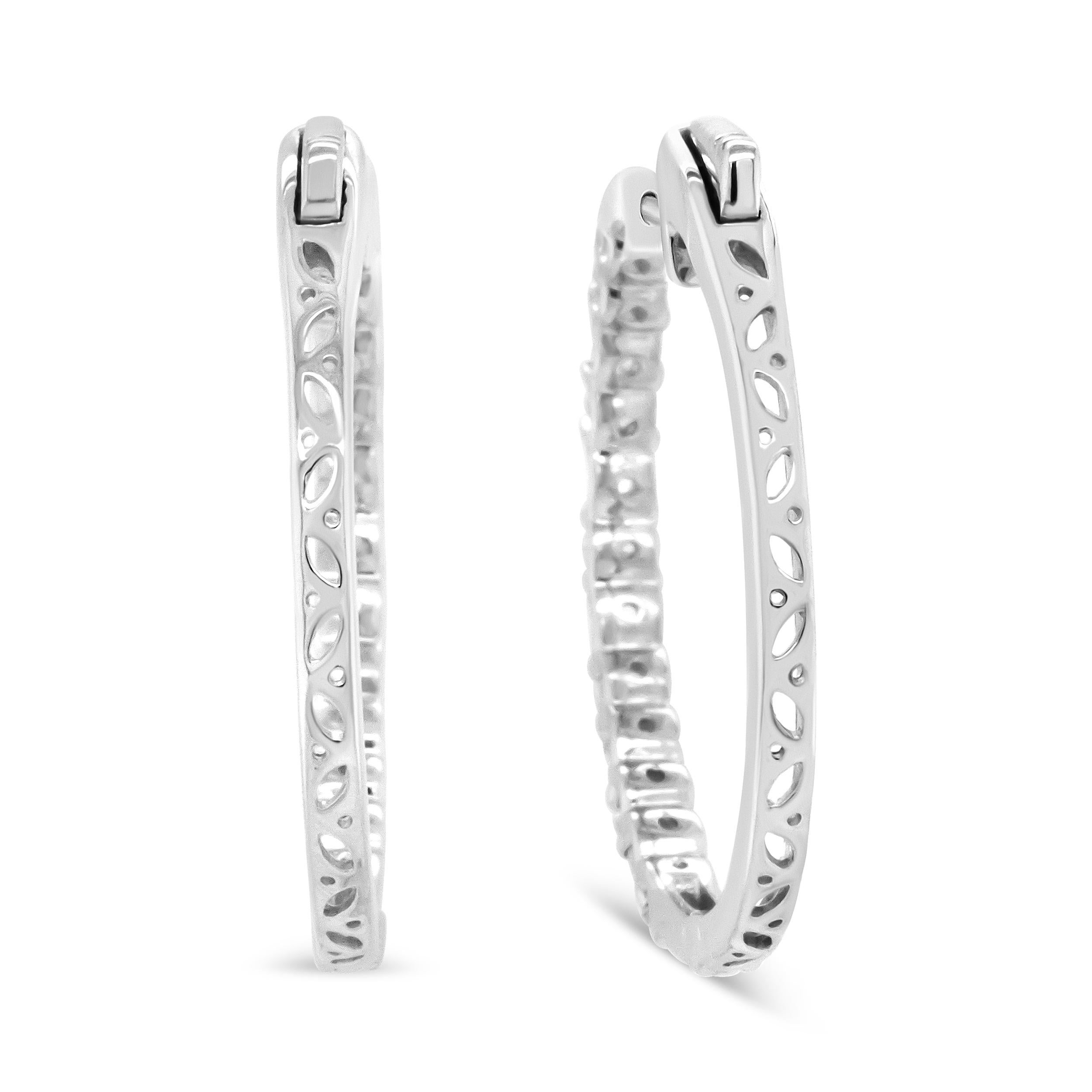 Baguette Cut 14K White Gold 1 3/4 Carat Round and Baguette Diamond Hoop Earrings For Sale