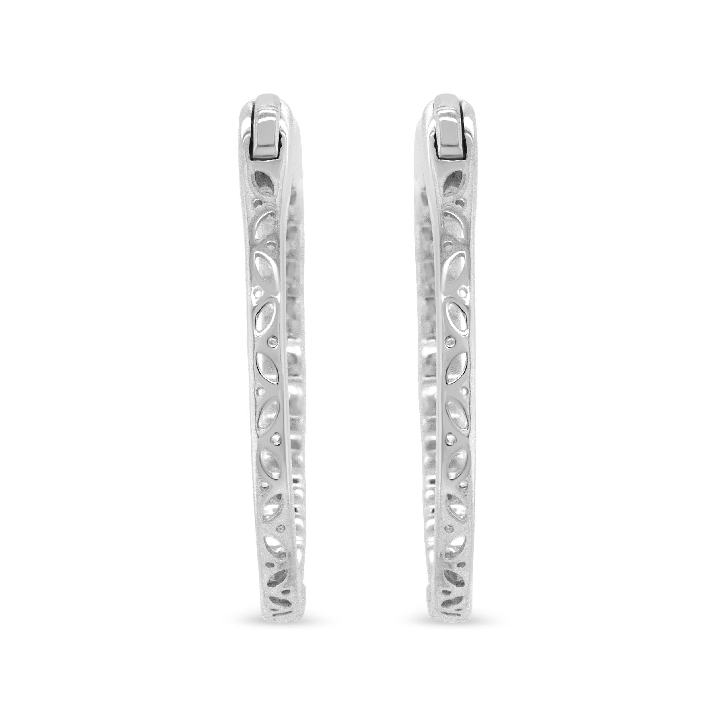 14K White Gold 1 3/4 Carat Round and Baguette Diamond Hoop Earrings In New Condition For Sale In New York, NY