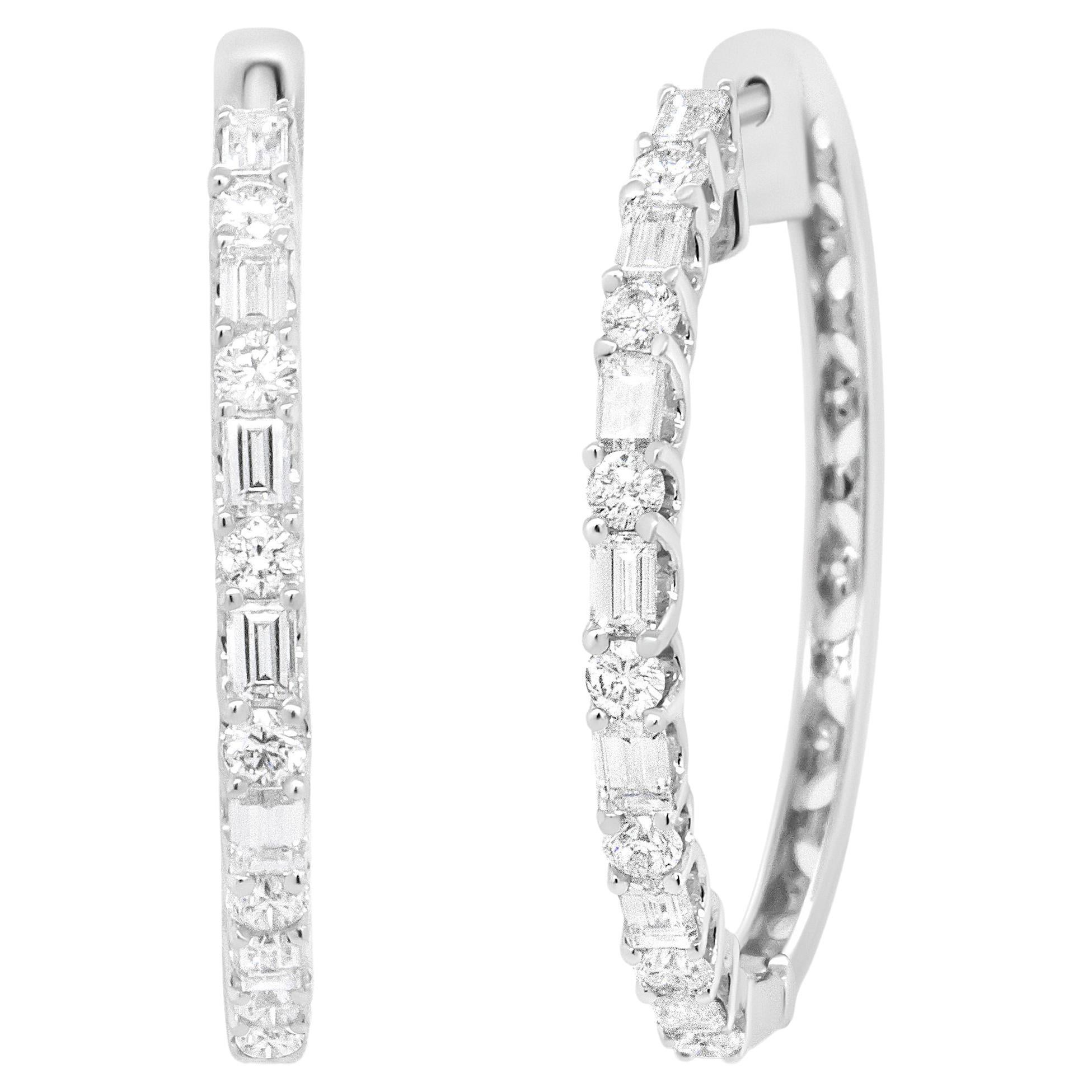 14K White Gold 1 3/4 Carat Round and Baguette Diamond Hoop Earrings For Sale