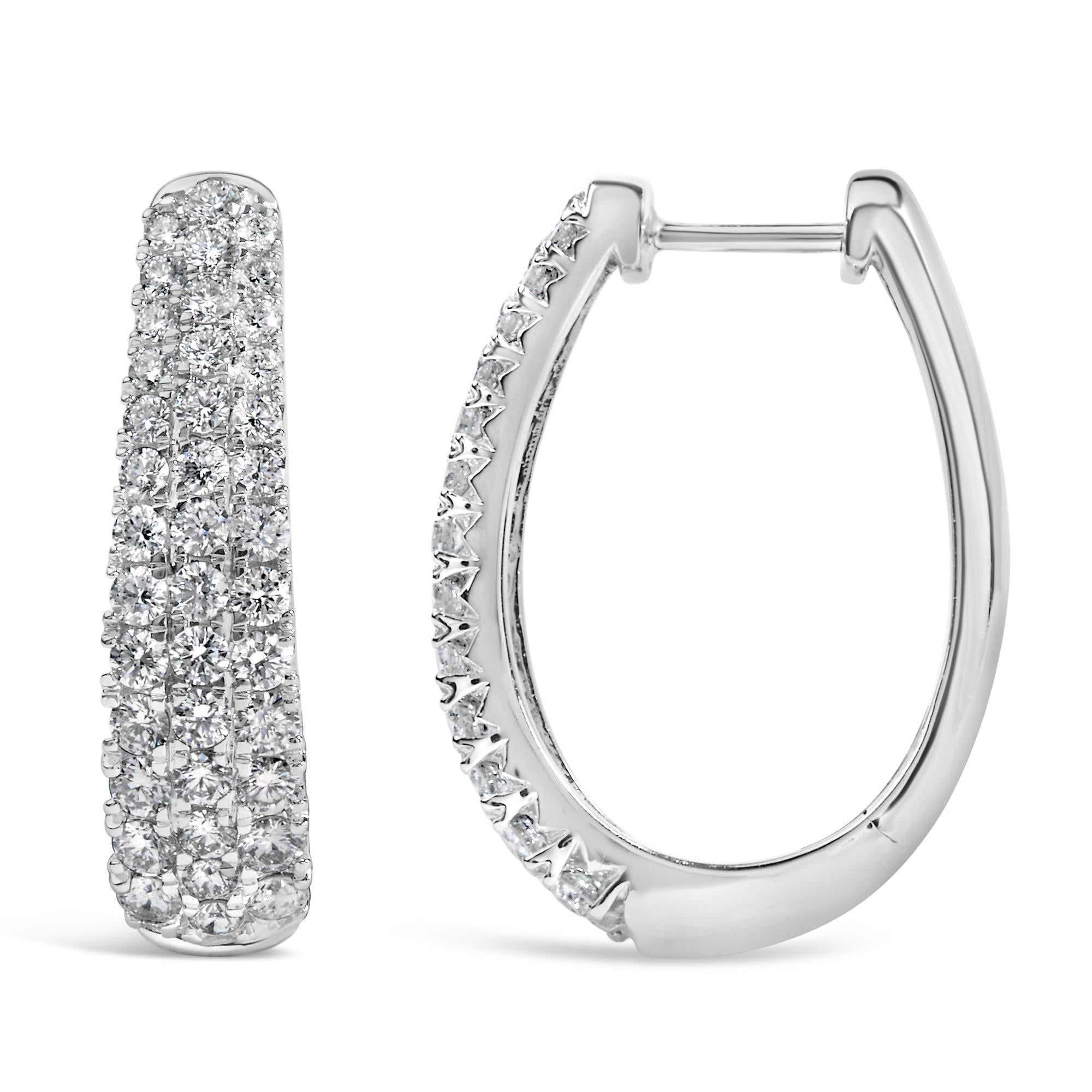 Modern 14K White Gold 1 3/4 Cttw Pave Set Natural Diamond Tapered Hoop Earrings