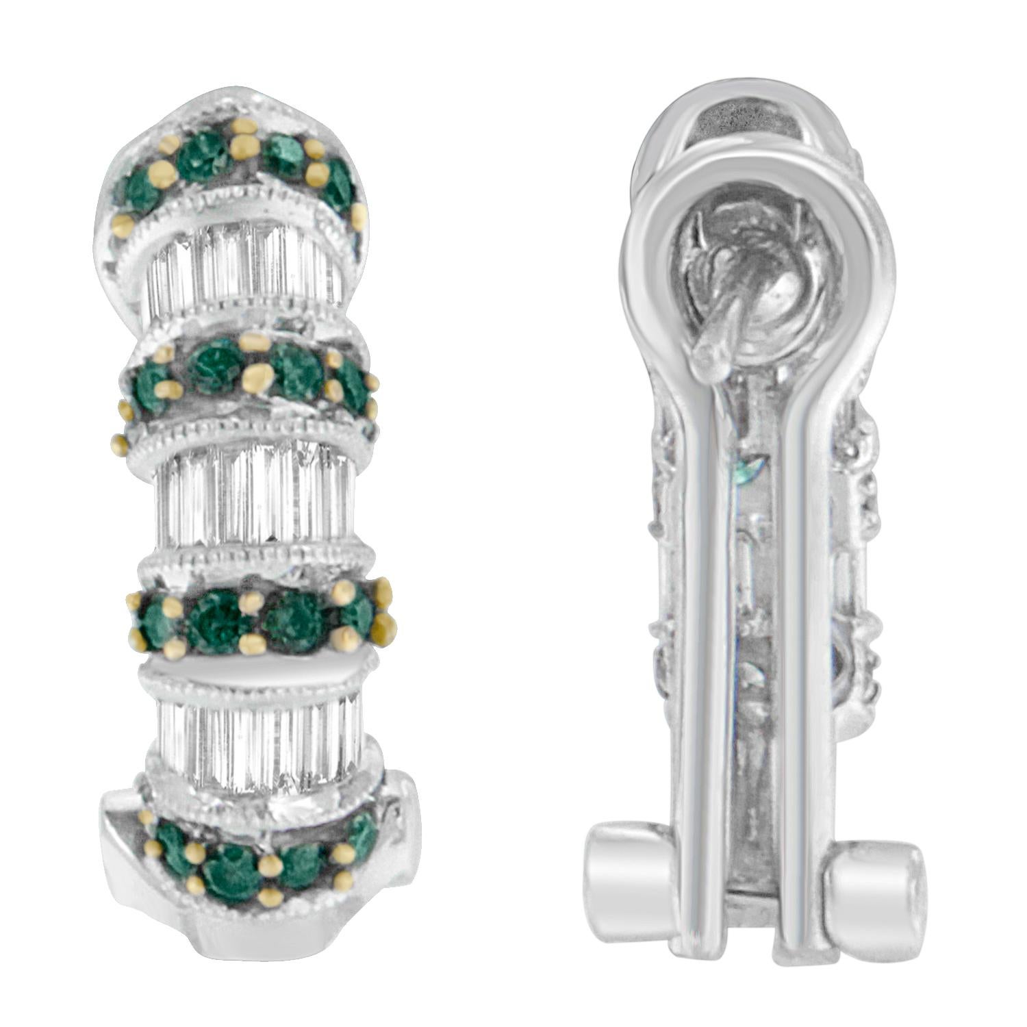 Add a touch of royalty to any attire with these dazzling diamond earrings. Crafted of 14 karats white gold, the round shaped earrings are fashioned in a unique design. It captivates the beautiful blue colored round cut diamonds that are arranged in