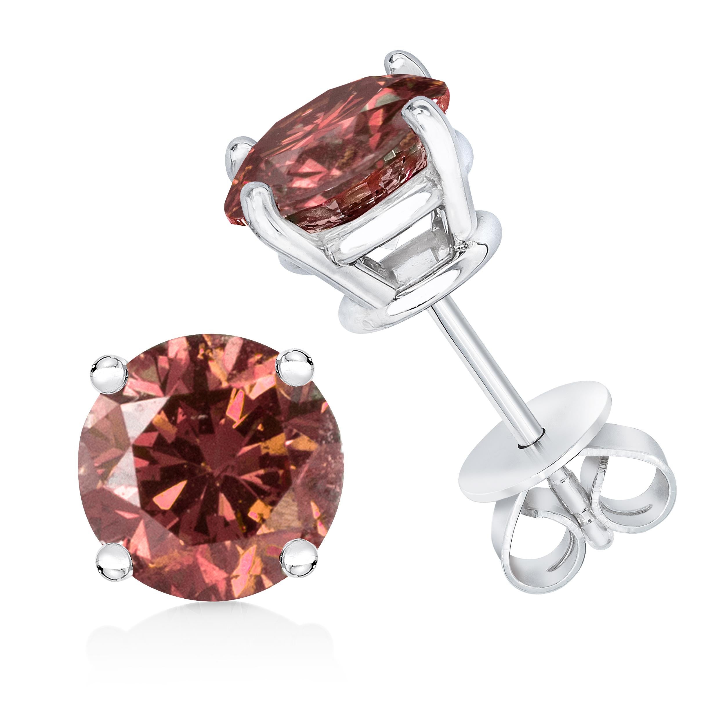 Contemporain Clous d'oreilles solitaires en or blanc 14 carats avec diamants roses taille ronde brillants de 1/3 carat en vente