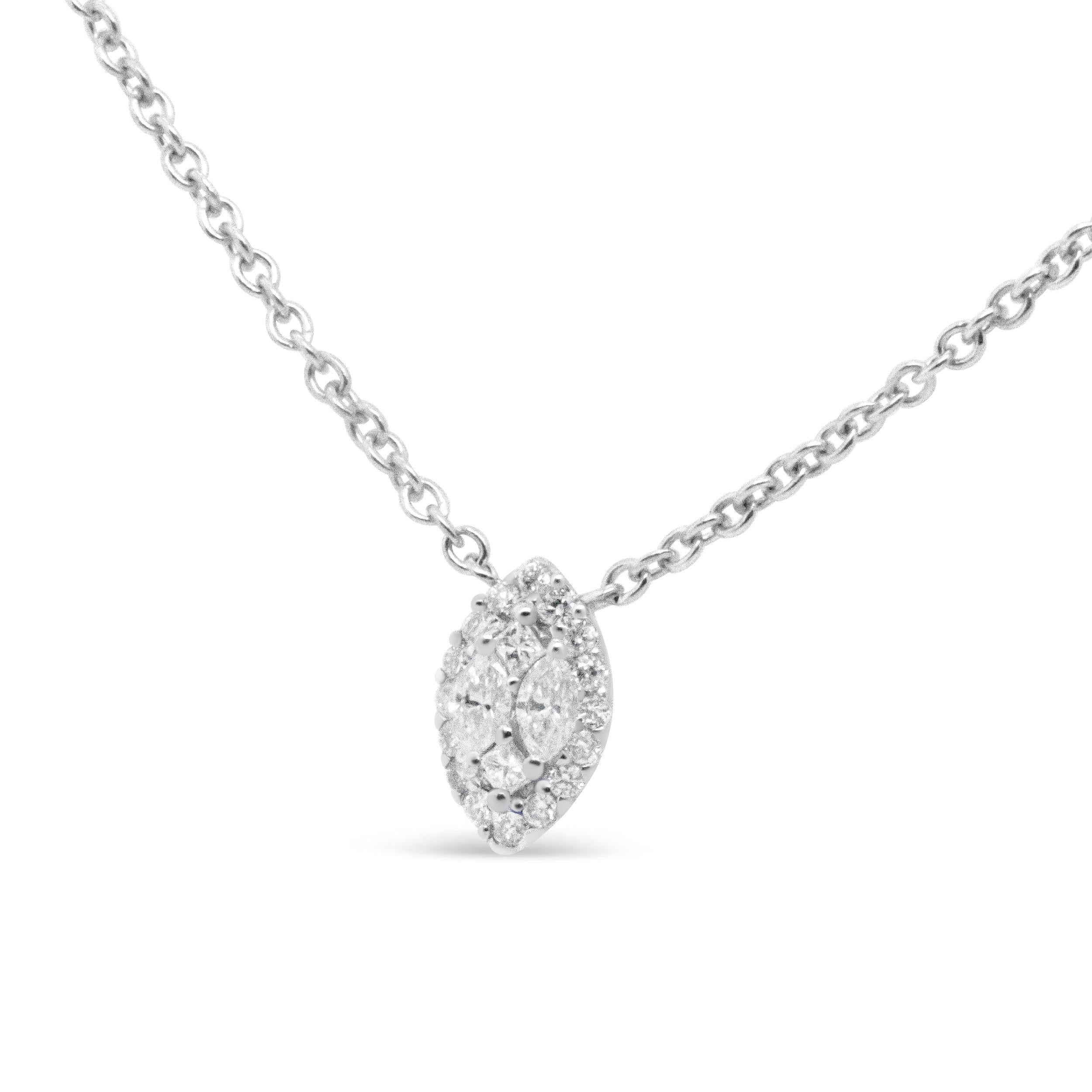 Contemporary 14K White Gold 1/3 Carat Round Diamond Marquise Shaped Station Necklace For Sale