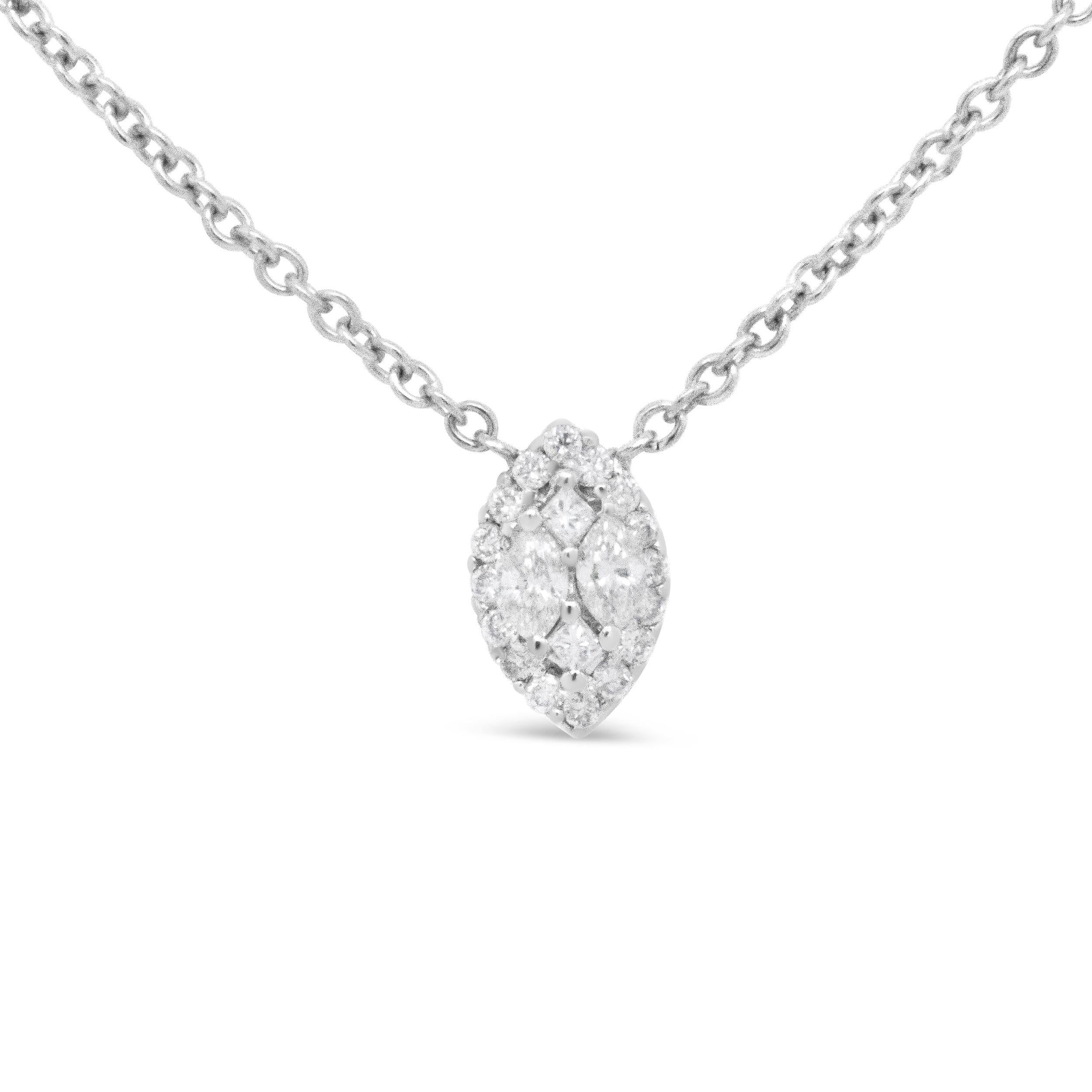 Round Cut 14K White Gold 1/3 Carat Round Diamond Marquise Shaped Station Necklace For Sale