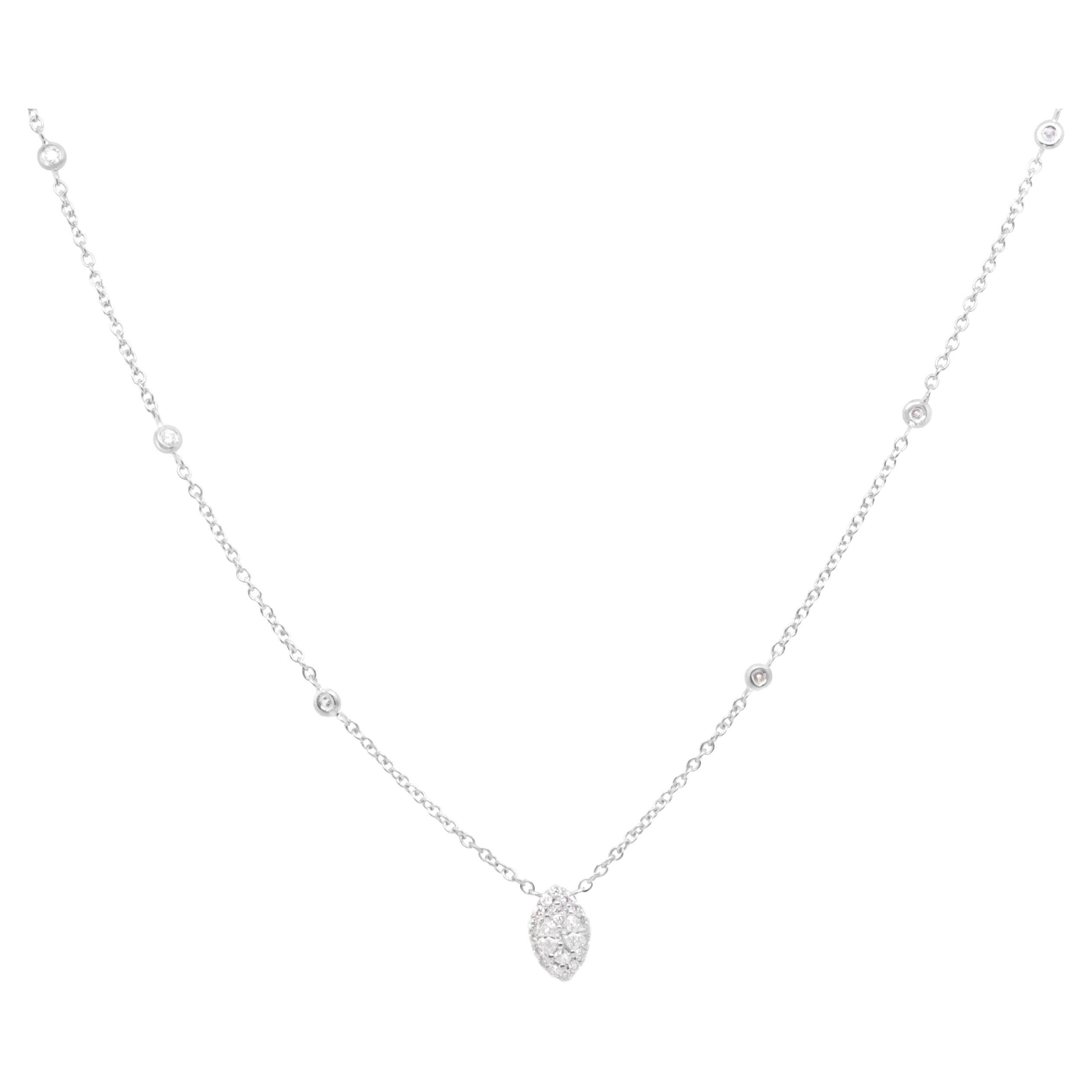 14K White Gold 1/3 Carat Round Diamond Marquise Shaped Station Necklace