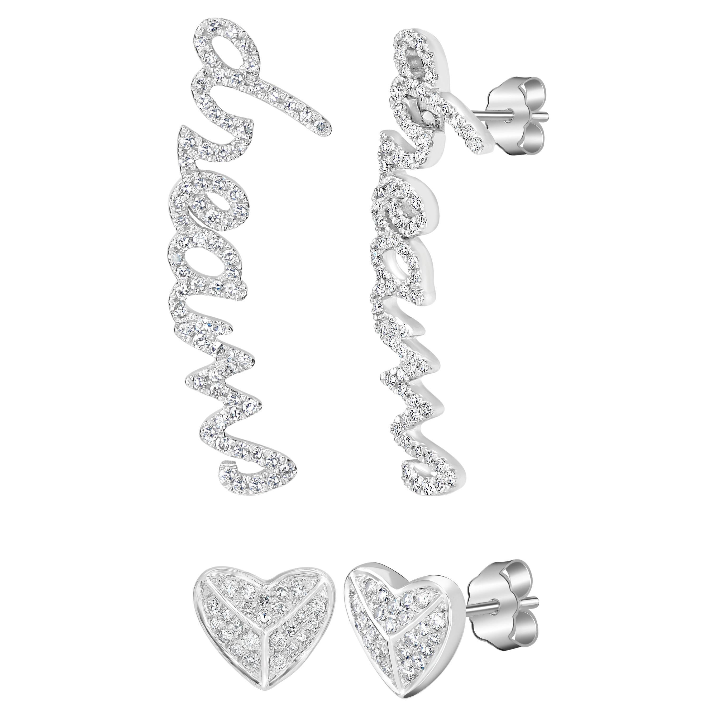 Luxle 14k White Gold 1/3 Ct. T.W Diamond Heart & "Dreams" Mismatch Stud Earrings