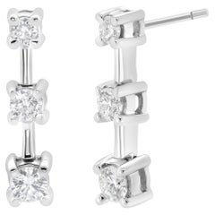 14K White Gold 1/4 Carat Diamond 3 Stone Graduated Linear Drop Stud Earrings
