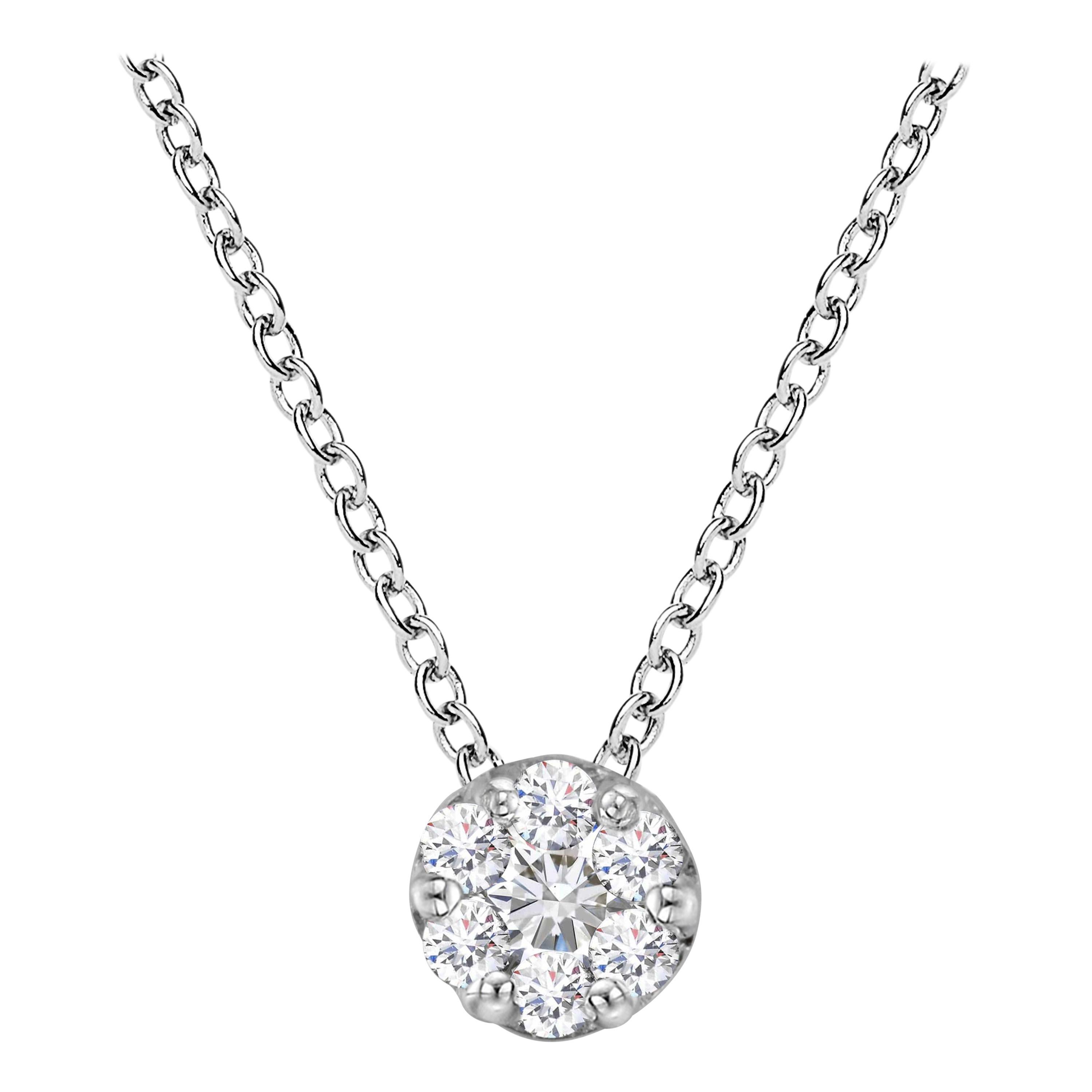 14K White Gold 1/4 Carat Diamond 7 Stone Floral Cluster Pendant Necklace For Sale