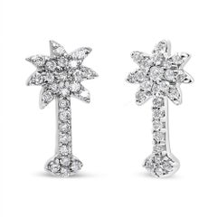 14K White Gold 1/4 Carat Diamond Palm Tree Push Back Stud Earrings