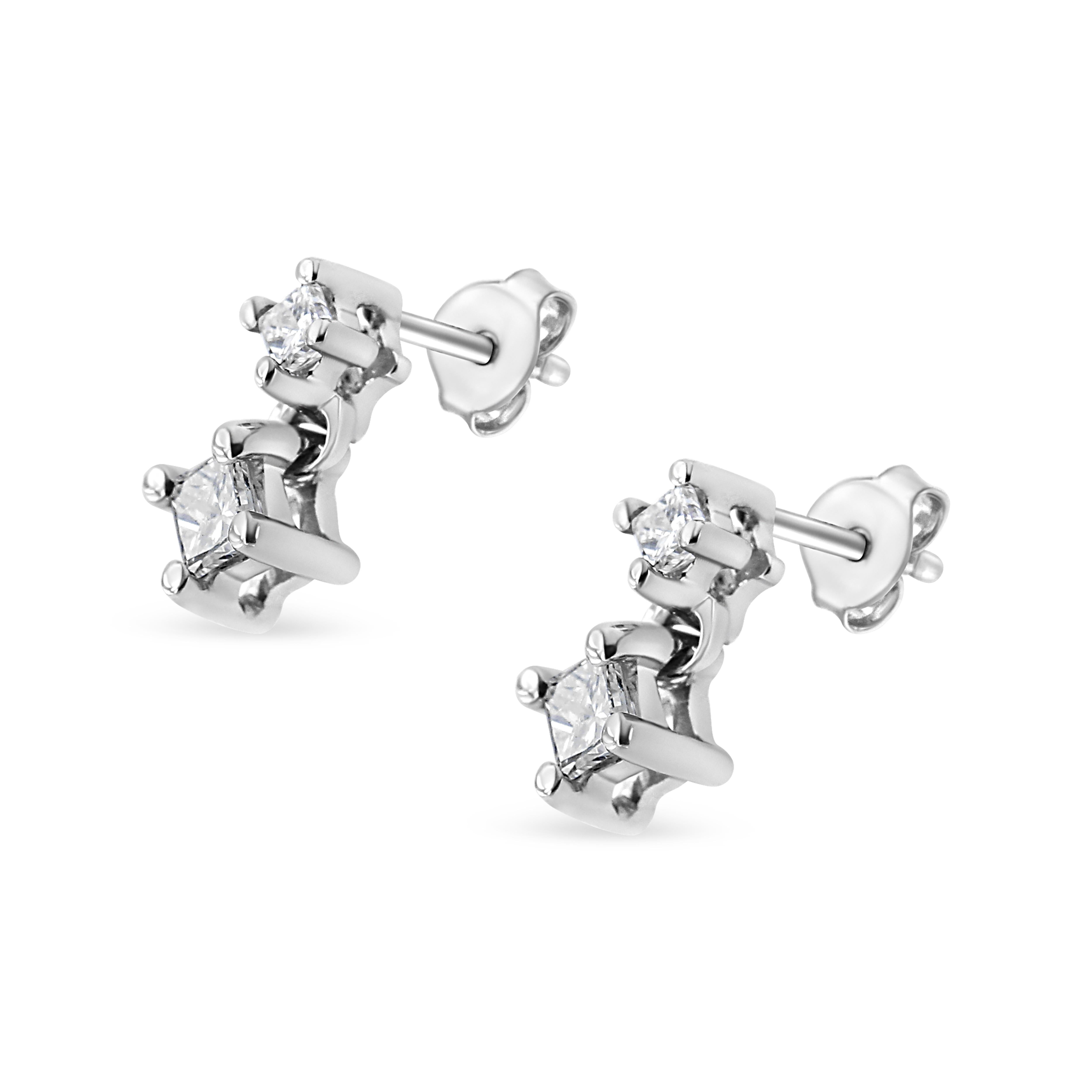 Modern 14K White Gold 1/4 Carat Princess-Cut Double Diamond Drop and Dangle Earrings For Sale